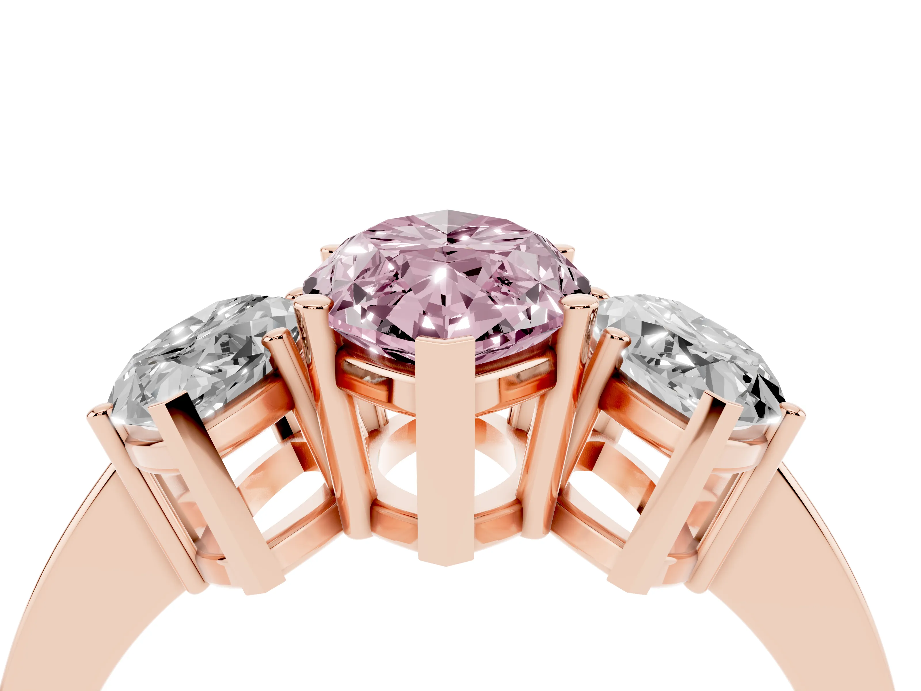 Fancy Pink Marquise Cut Diamond Three-Stone Engagement Ring Set in Rose gold with Flat Band