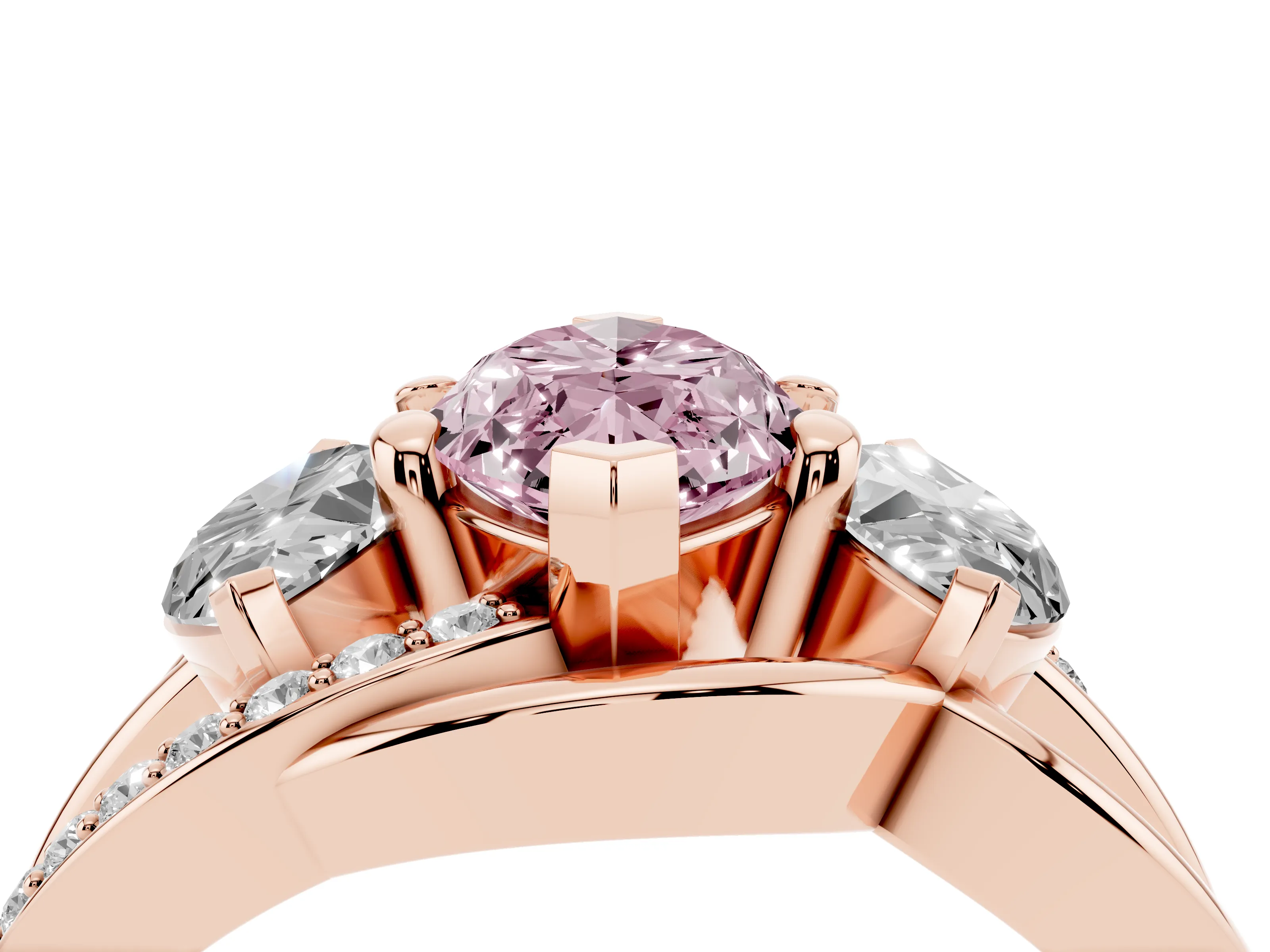 Fancy Pink Marquise Cut Diamond Three-Stone Ring Set in Rose gold with Split Shank and Prong Setting