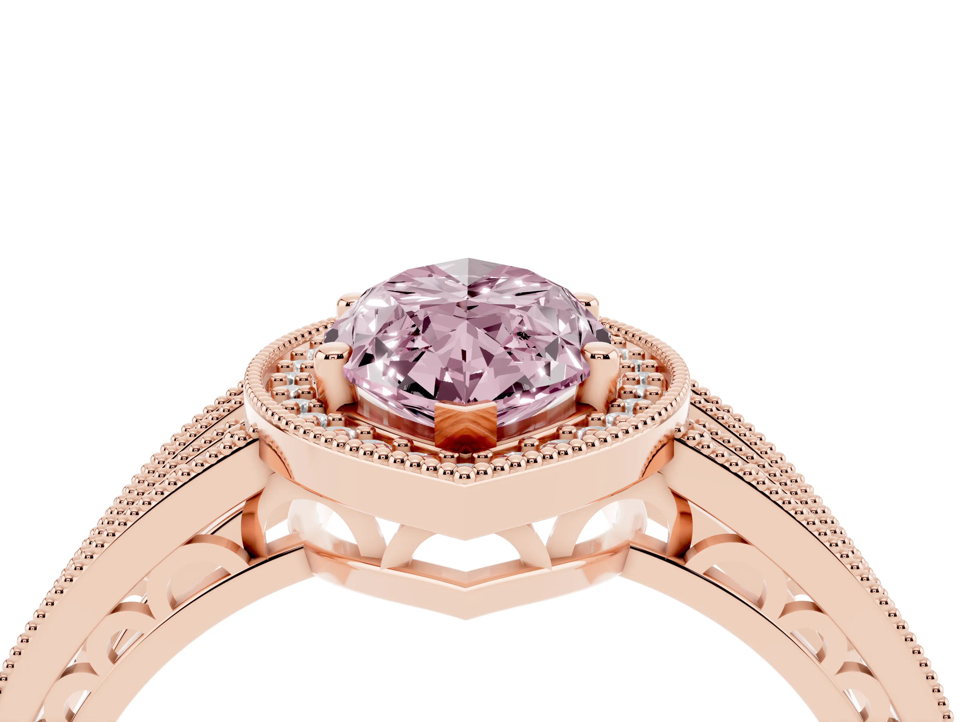 Fancy Pink Marquise Cut Diamond Halo Ring Set in Rose gold with Accent Split Shank and Prong Setting