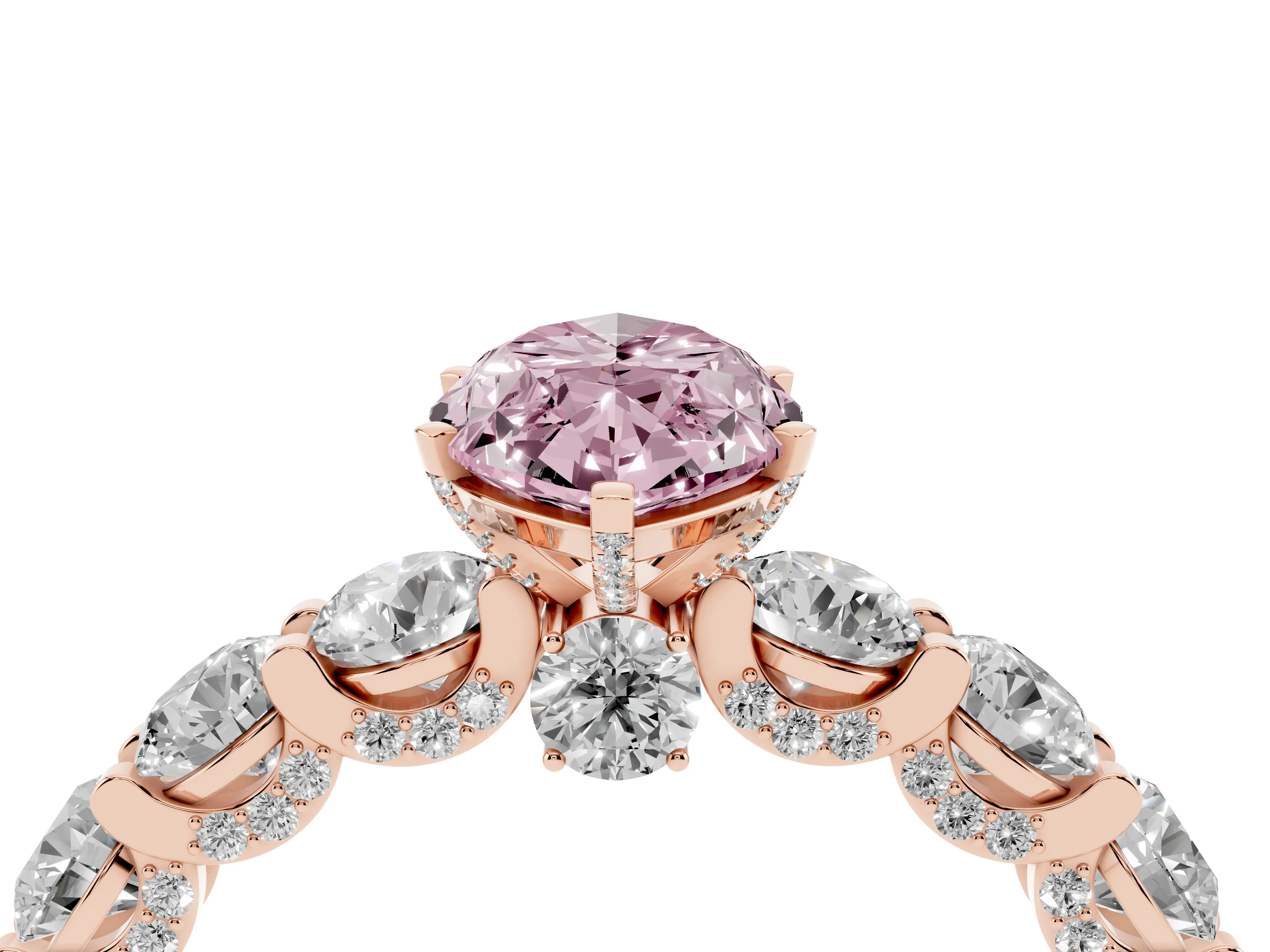 Fancy Pink Marquise Cut Diamond Side Stone Ring Set in Rose gold with Alternating Round and Oval Side Stones