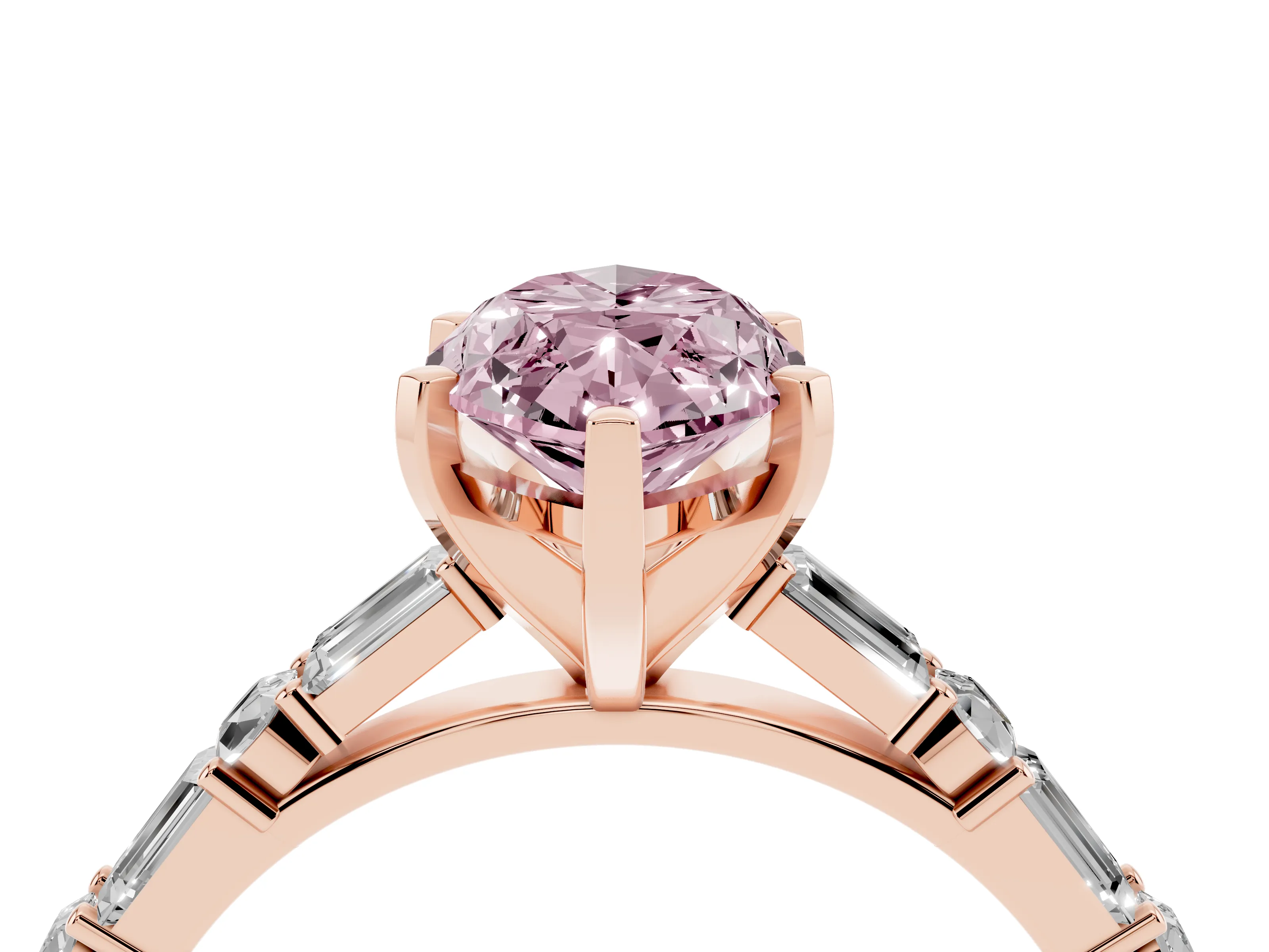Fancy Pink Marquise Cut Diamond Solitaire Set in Rose gold with Side Baguettes and Channel Set Band