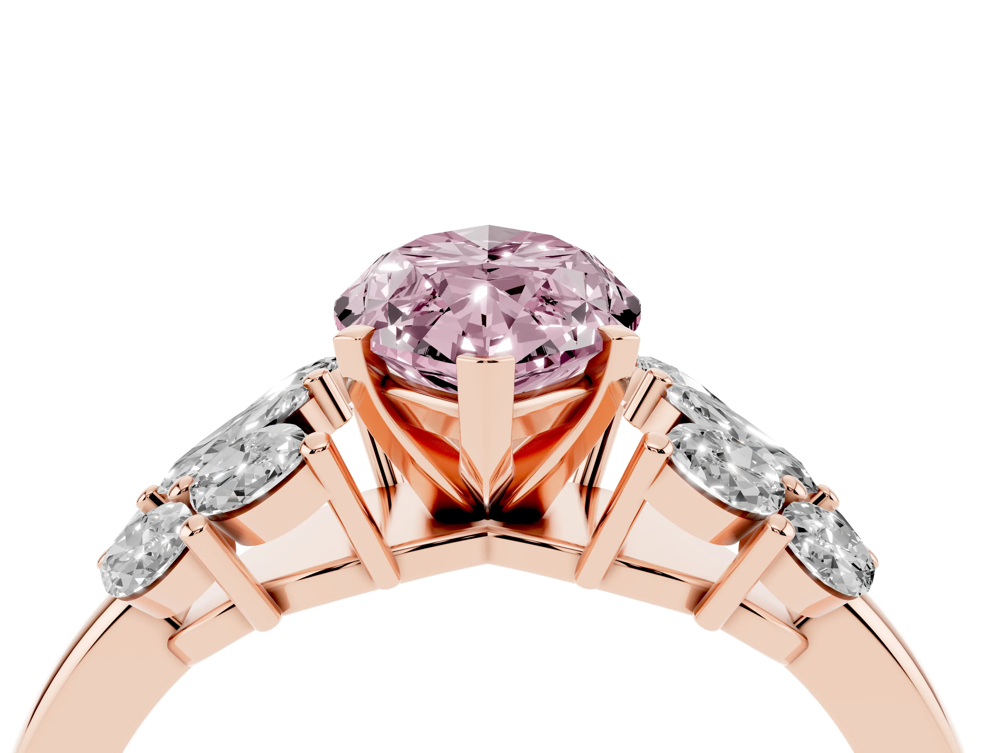 Fancy Pink Marquise Cut Diamond Cluster Leaf Design Ring Set in Rose gold with Prong Setting