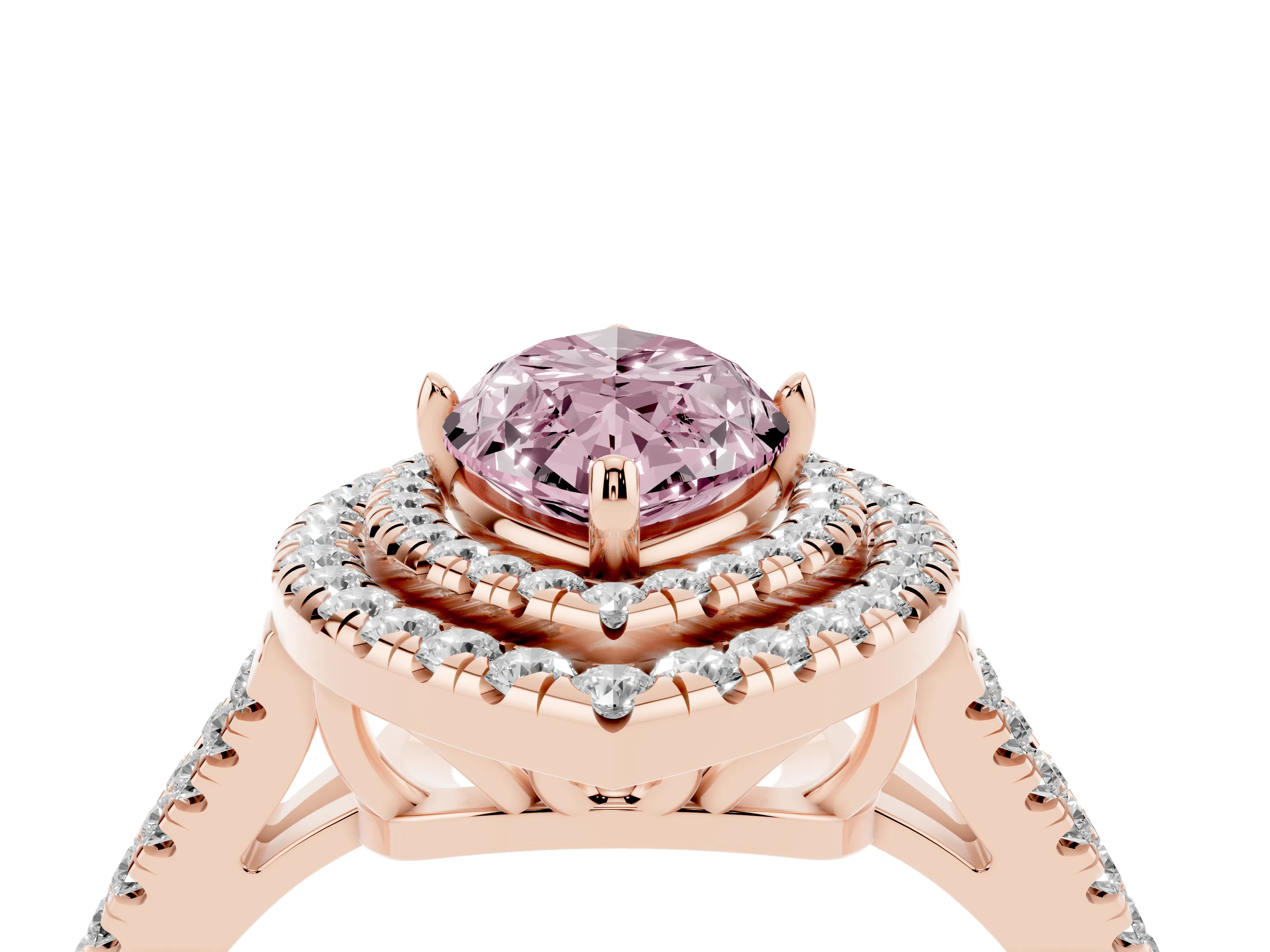 Fancy Pink Marquise Cut Diamond Double Halo Ring Set in Rose gold with Pavé Band
