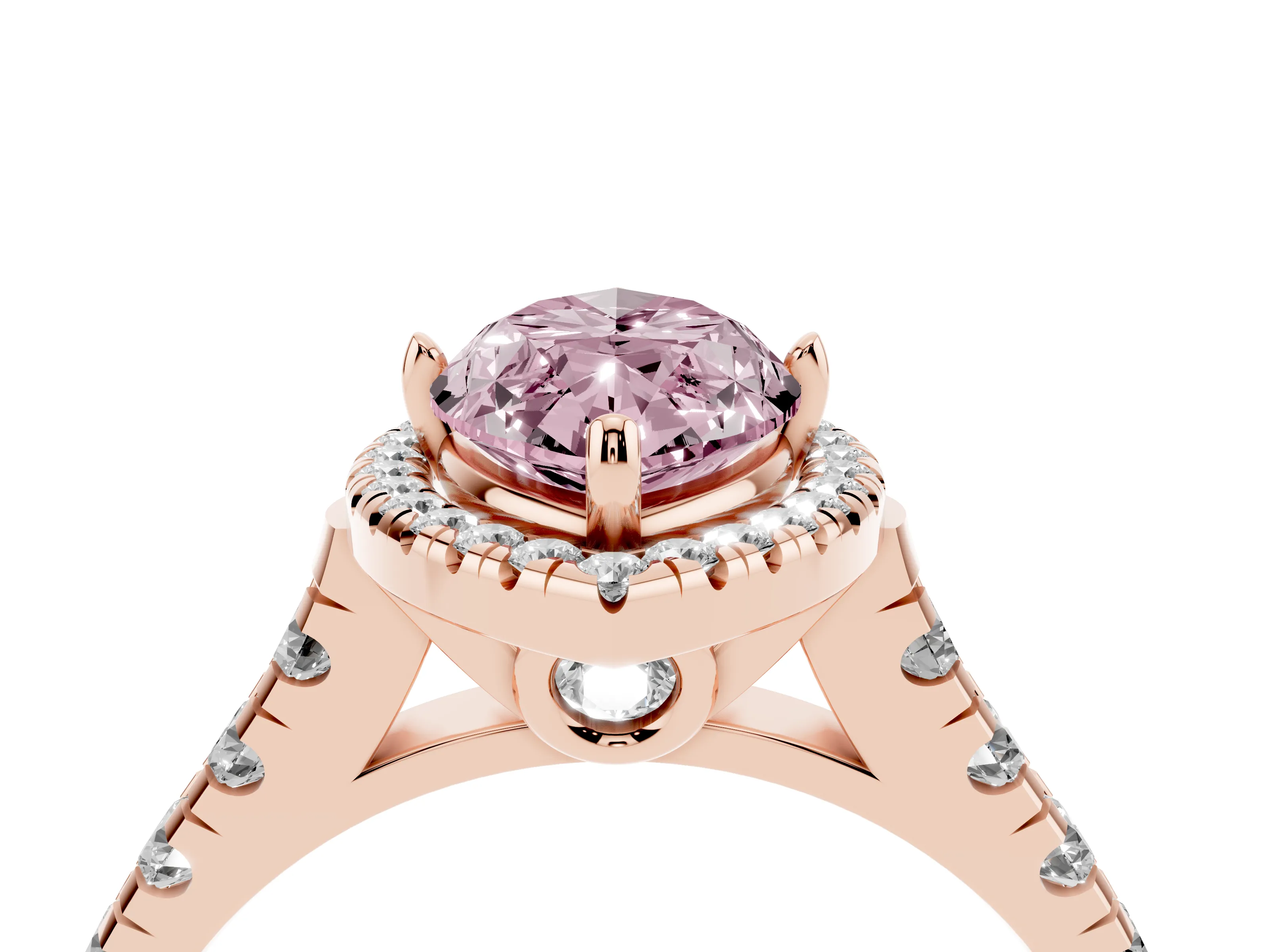 Fancy Pink Marquise Cut Diamond Halo Engagement Ring Set in Rose gold with Pavé Band and Prong-Set Center