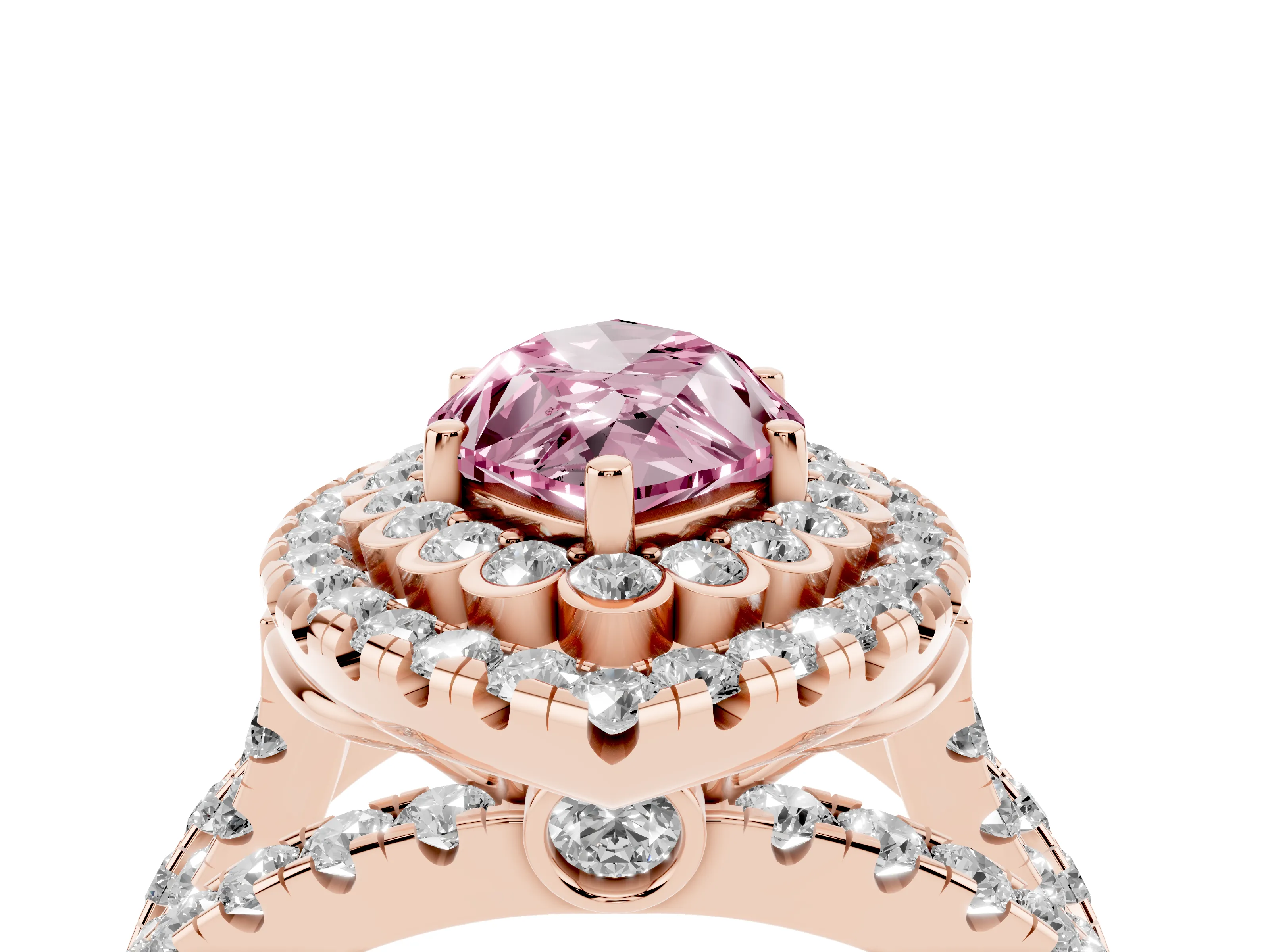 Fancy Pink Marquise Cut Diamond Double Halo Ring Set in Rose gold with Round Pavé Split Shank