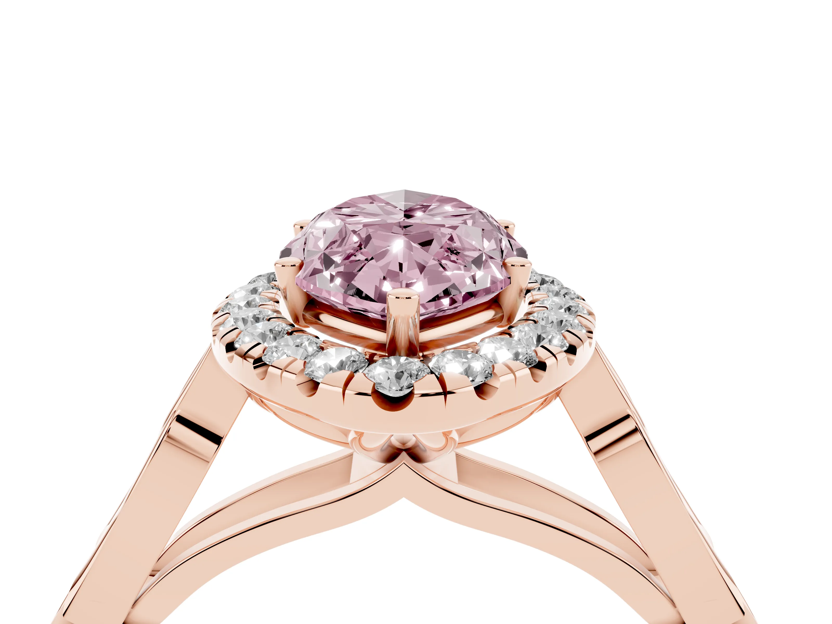 Fancy Pink Marquise Cut Diamond Halo Engagement Ring Set in Rose gold with Filigree Band and Prong-Set Center