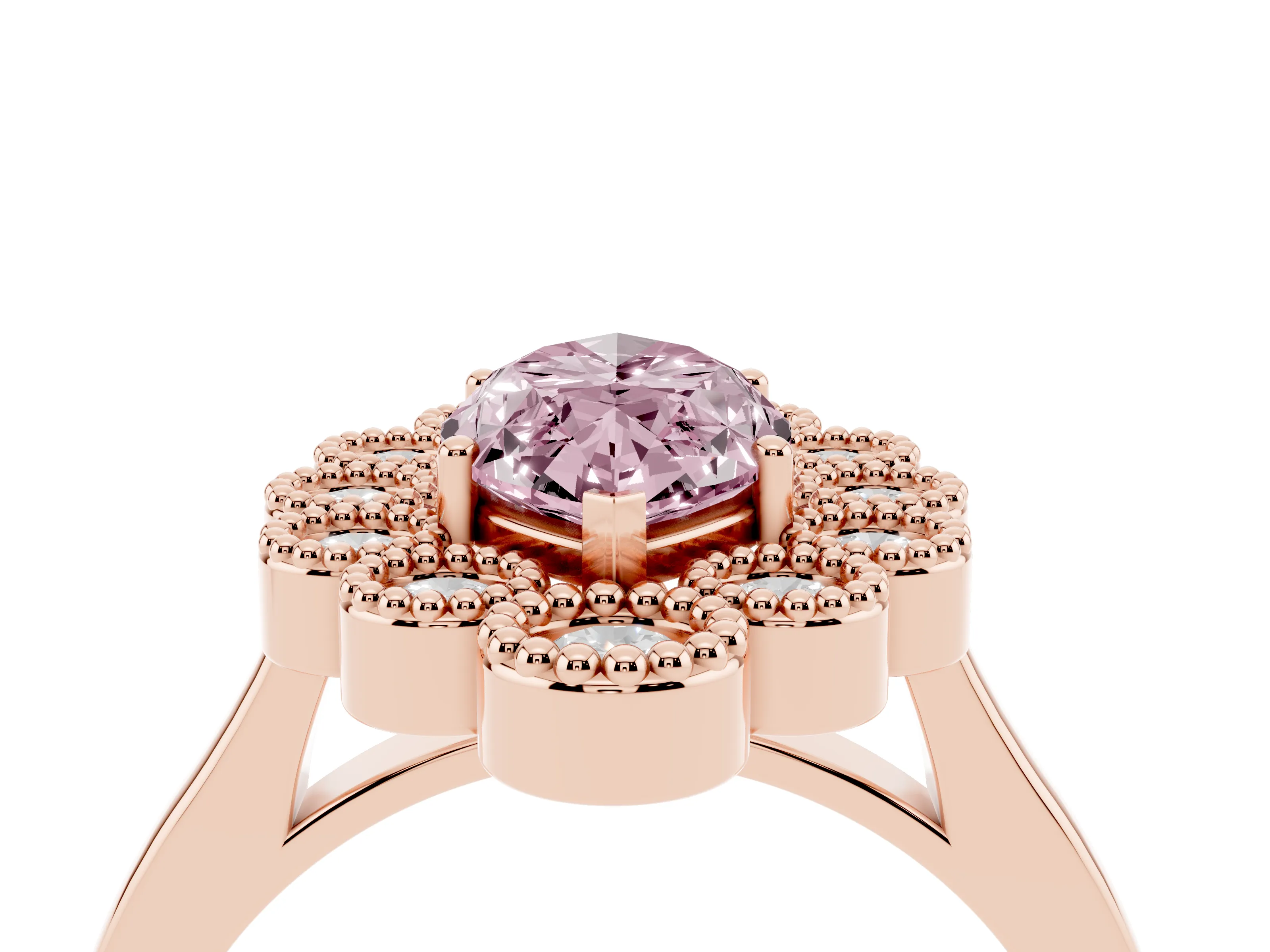 Fancy Pink Marquise Cut Diamond Cluster Halo Ring Set in Rose gold with Milgrain Bezel Accents and Plain Band