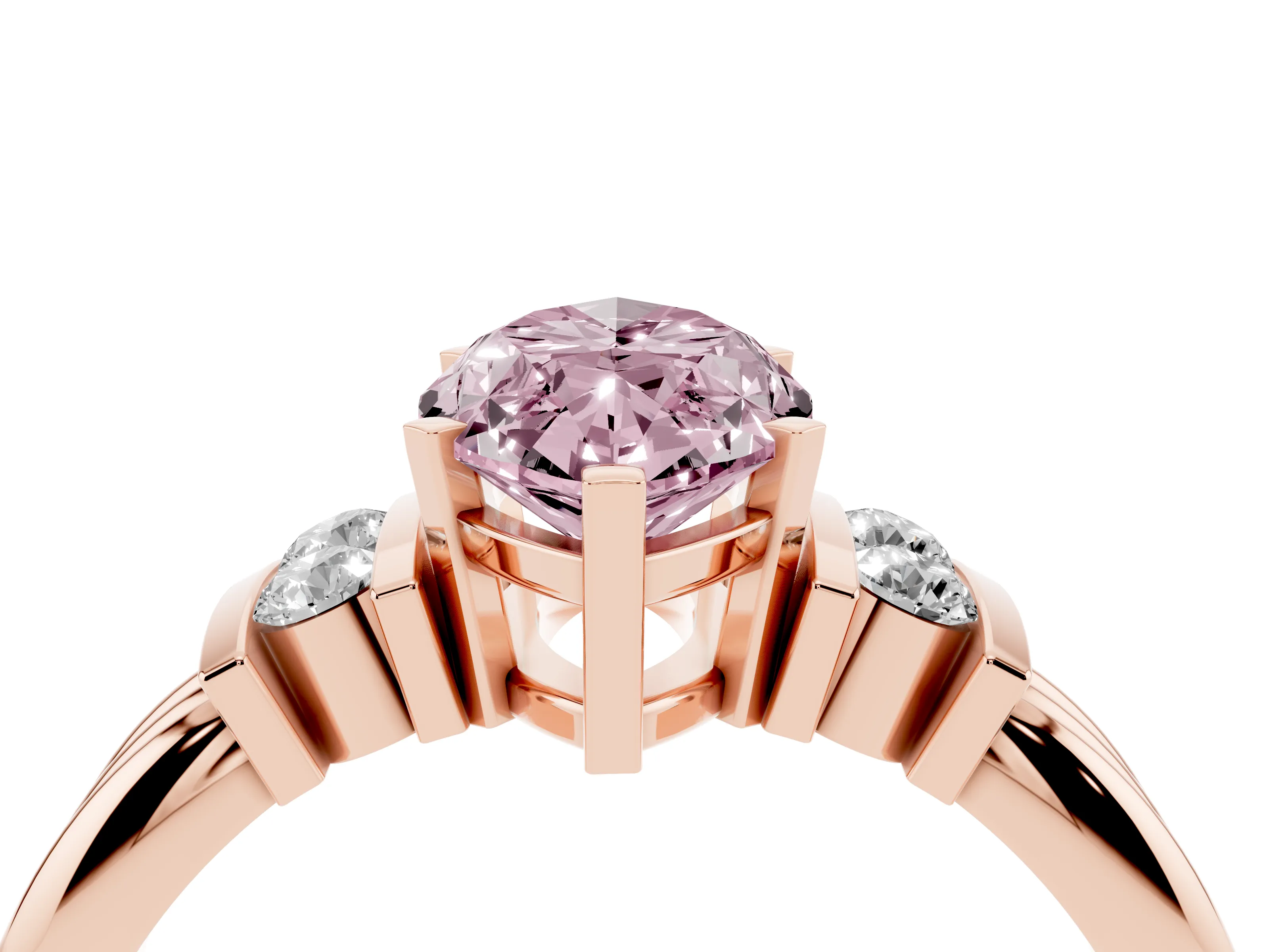 Fancy Pink Three-Stone Marquise Cut Diamond Channel Set Ring Set in Rose gold with Bar Prongs