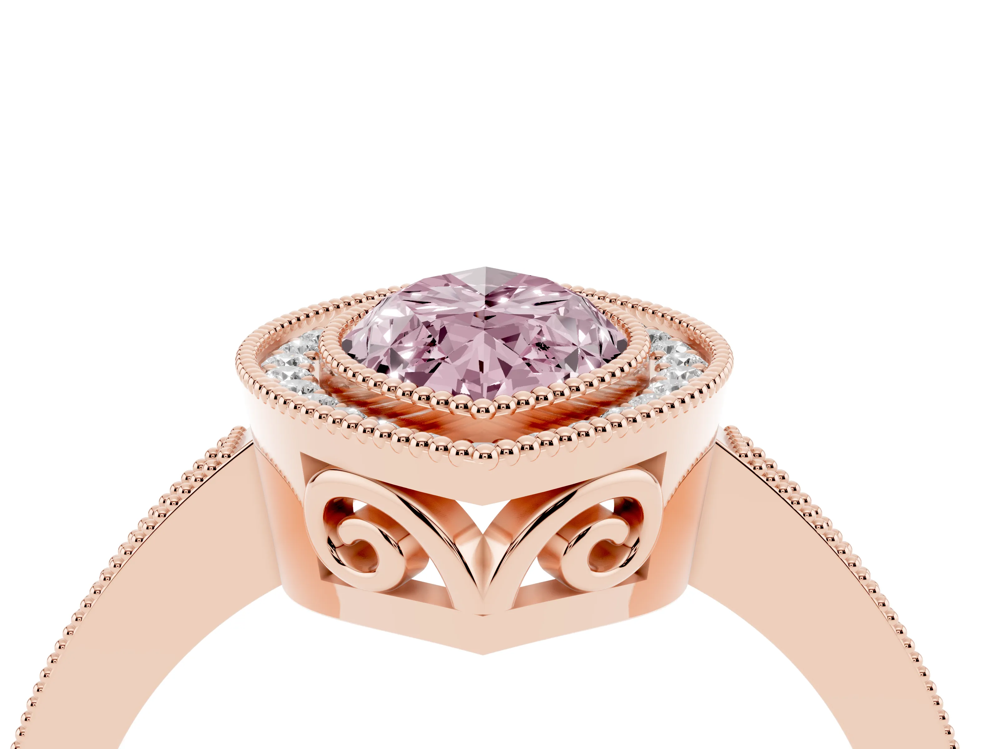 Fancy Pink Marquise Cut Diamond Halo Ring Set in Rose gold with Pavé Band and Milgrain-Edged Prongs
