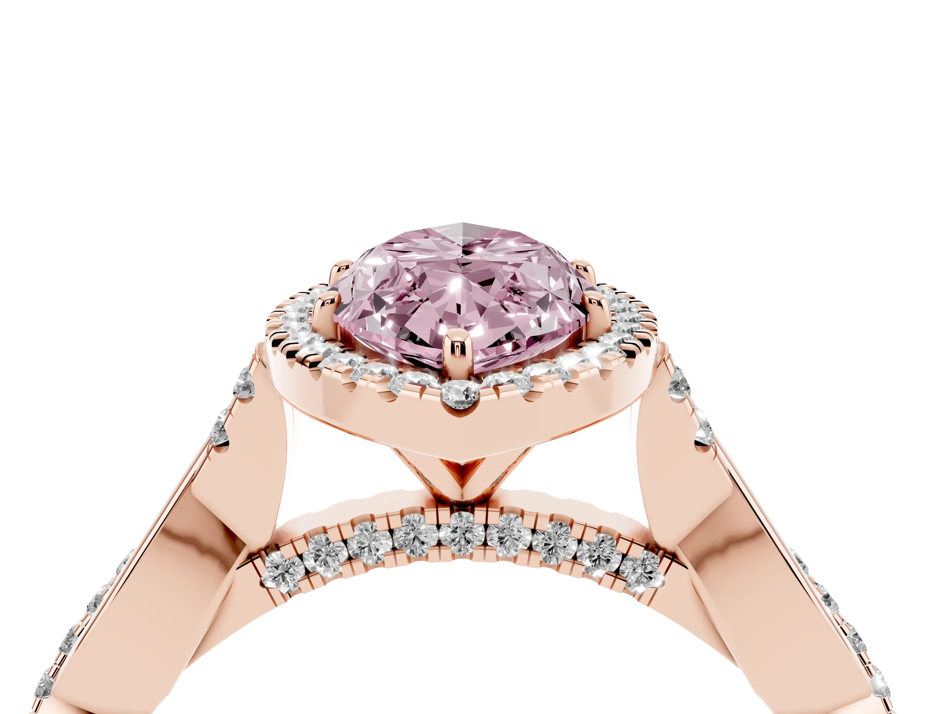 Fancy Pink Marquise Cut Diamond Halo Twist Band Solitaire Ring Set in Rose gold with Prong Setting