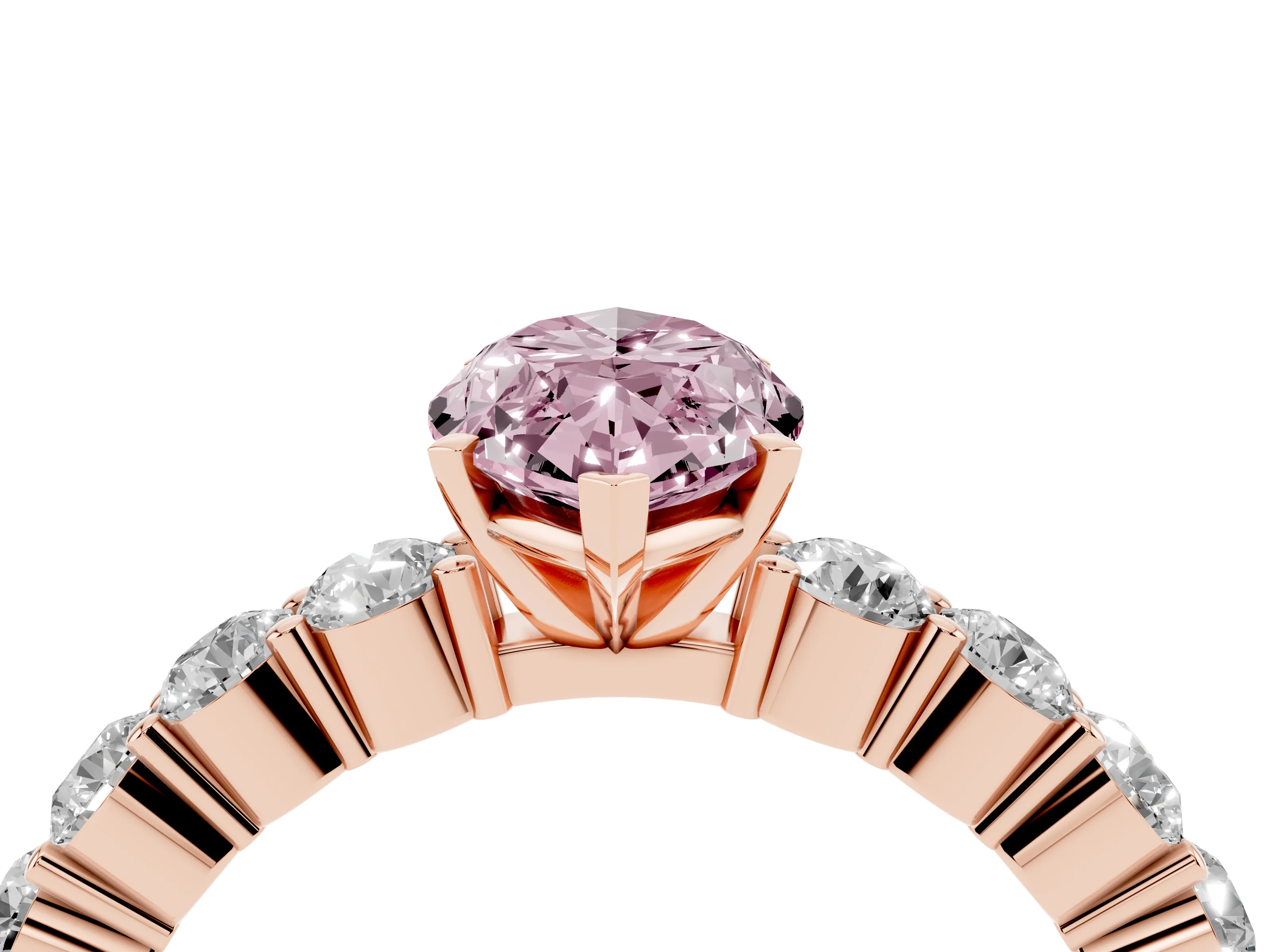 Fancy Pink Marquise Cut Diamond Solitaire Ring Set in Rose gold with Shared Prong Round Side Stones
