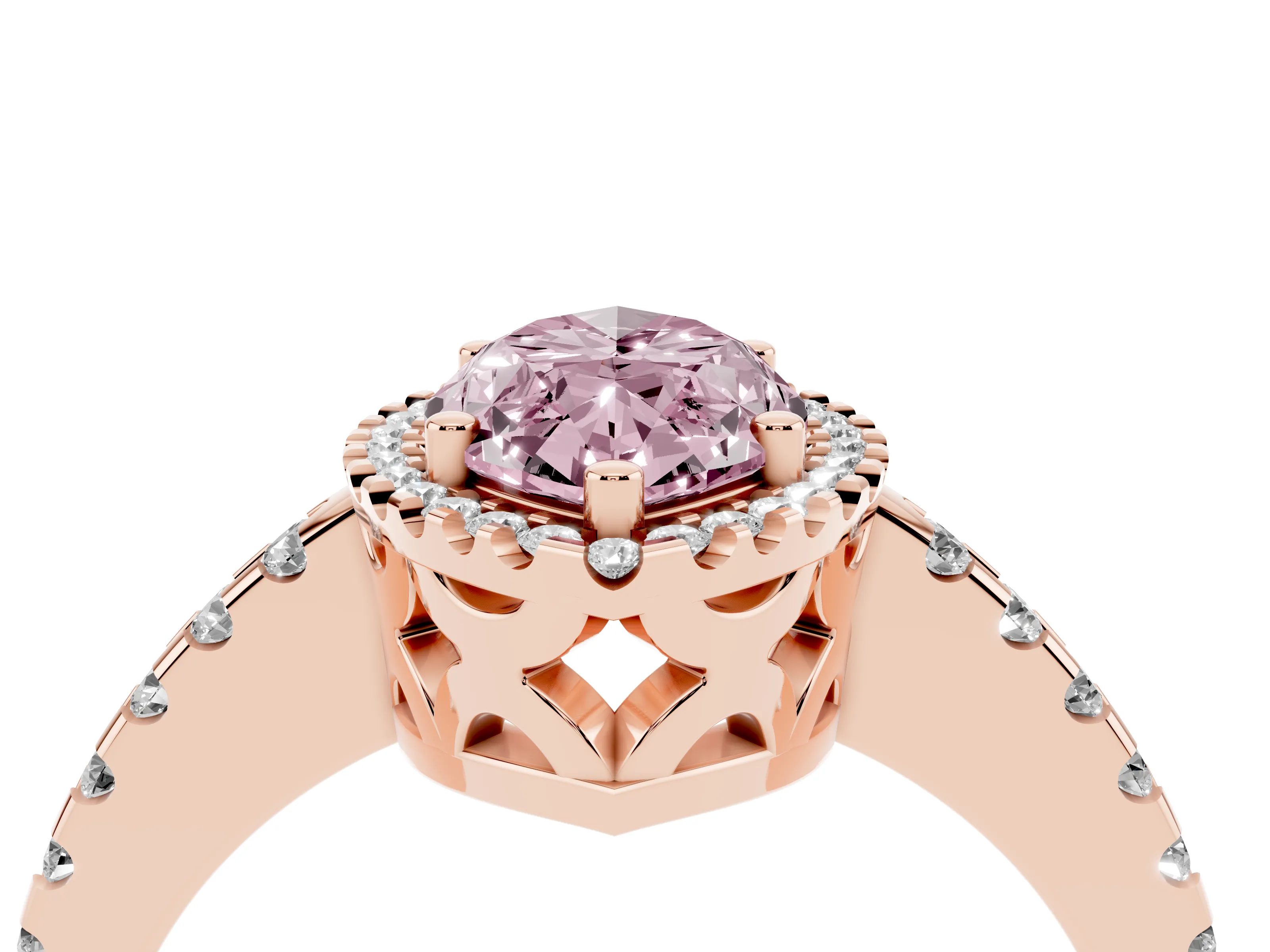 Fancy Pink Marquise Cut Diamond Halo Ring Set in Rose gold with Pavé Shoulders and Halo-Framed Center