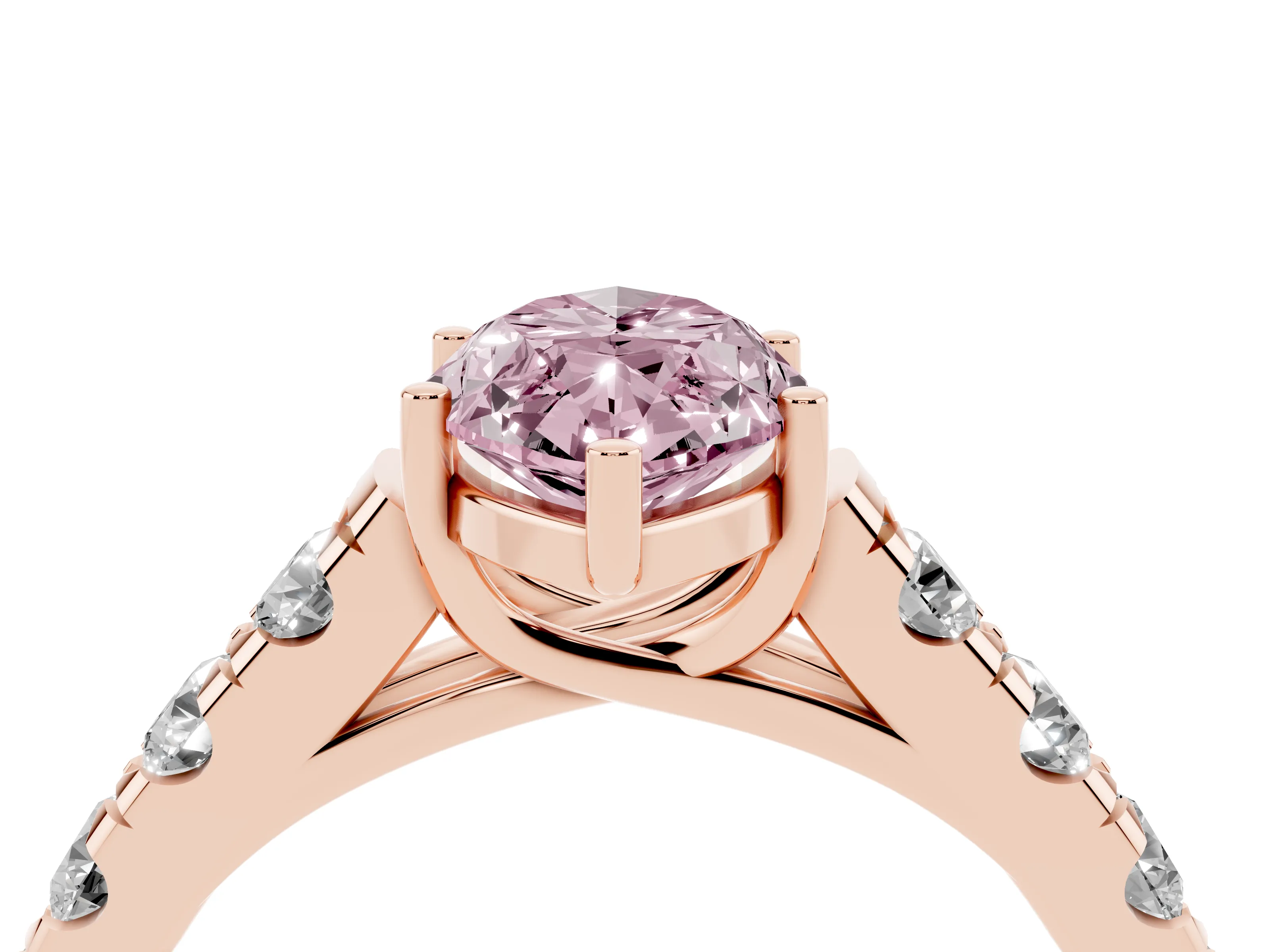 Fancy Pink Marquise Cut Diamond Solitaire Ring Set in Rose gold with Cut-Down Micro Pavé Band and Prong Setting