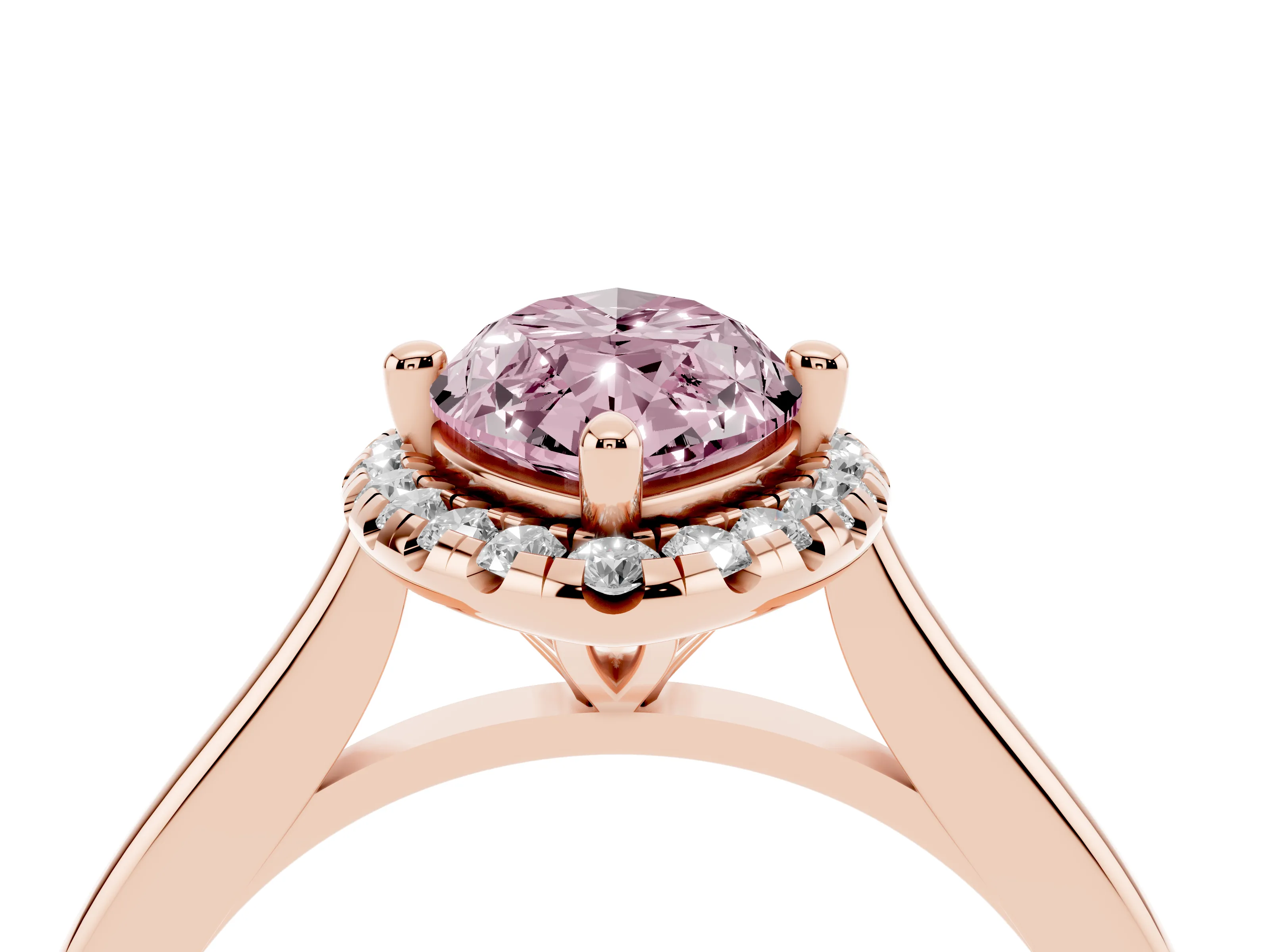Fancy Pink Marquise Cut Diamond Halo Engagement Ring Set in Rose gold with Pavé Band and Rising Shoulders