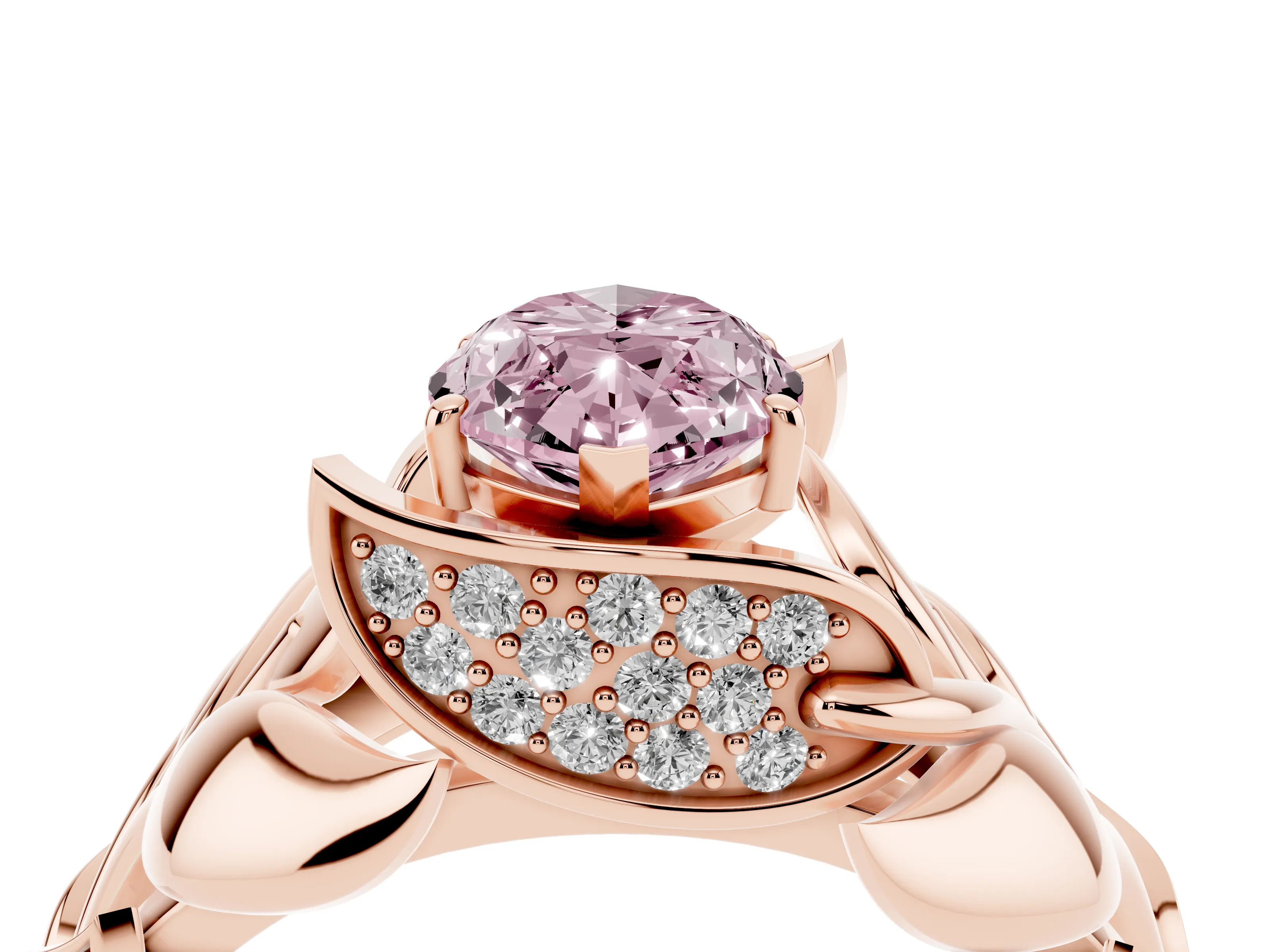 Fancy Pink Marquise Cut Diamond Leaf-Inspired Engagement Ring Set in Rose gold with Round Accents