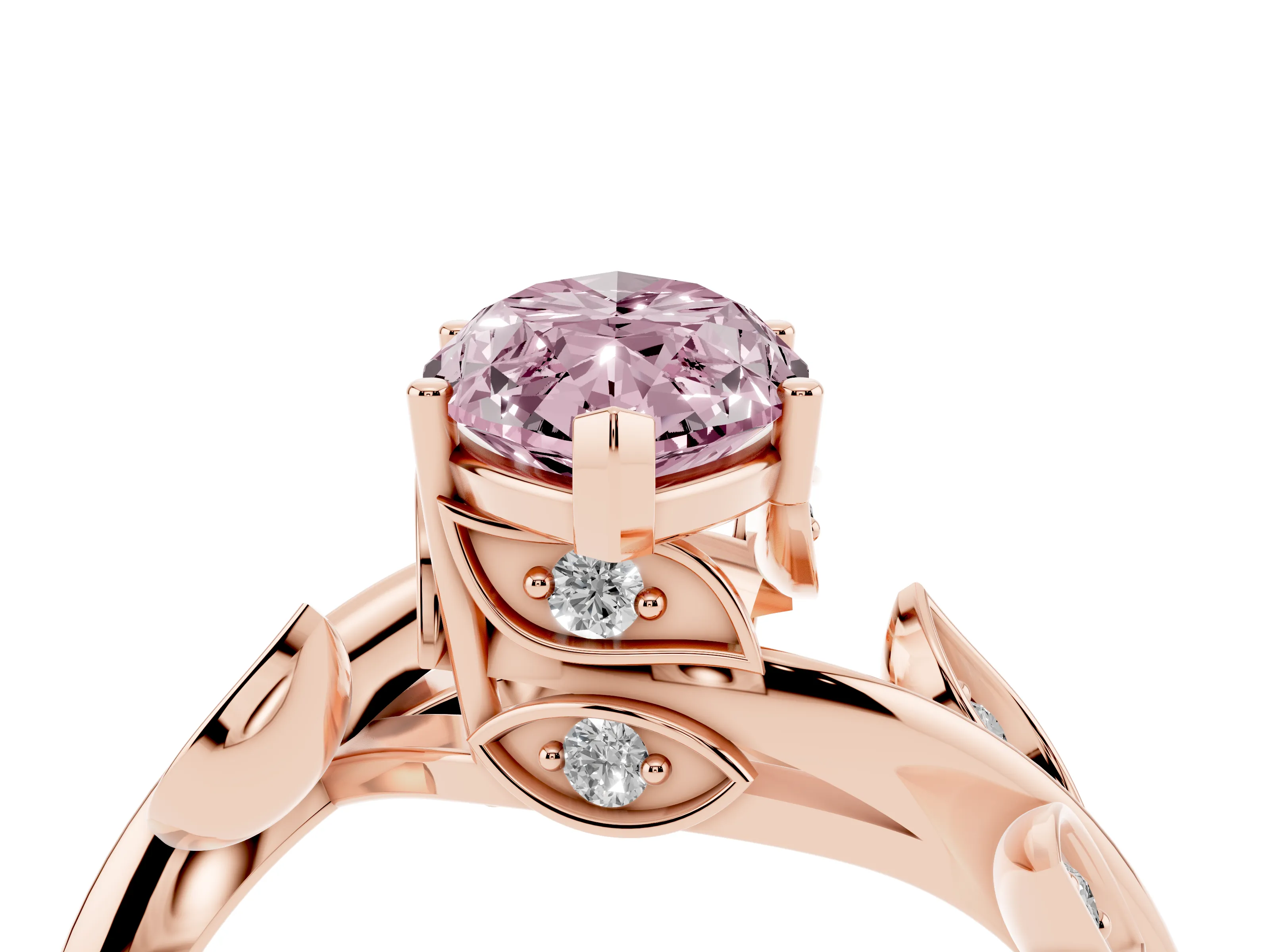 Fancy Pink Marquise Cut Diamond Solitaire Twist Engagement Ring Set in Rose gold with Pavé Leaf Accents