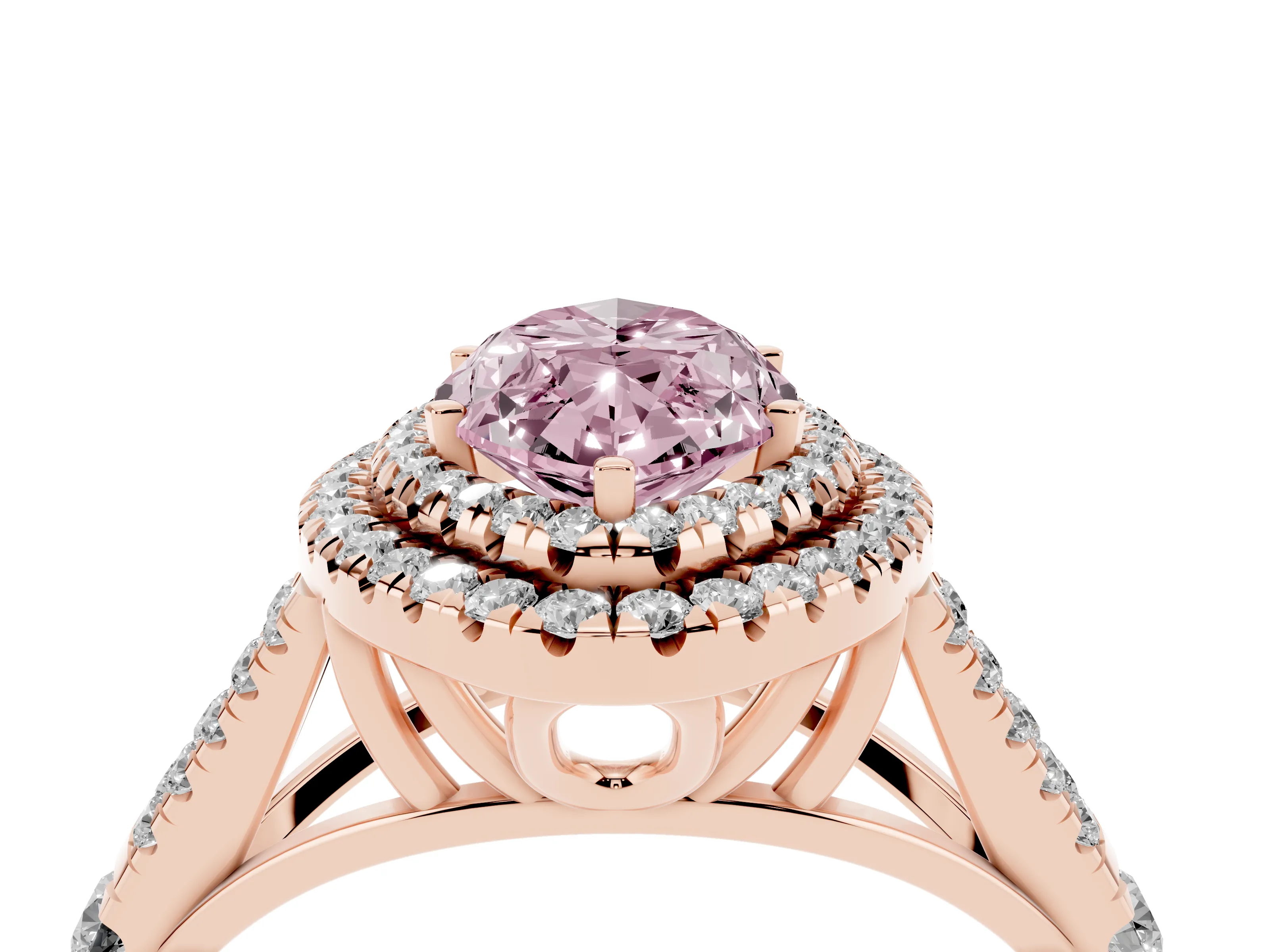 Fancy Pink Marquise Cut Diamond Pavé Split Shank Double Halo Engagement Ring Set in Rose gold