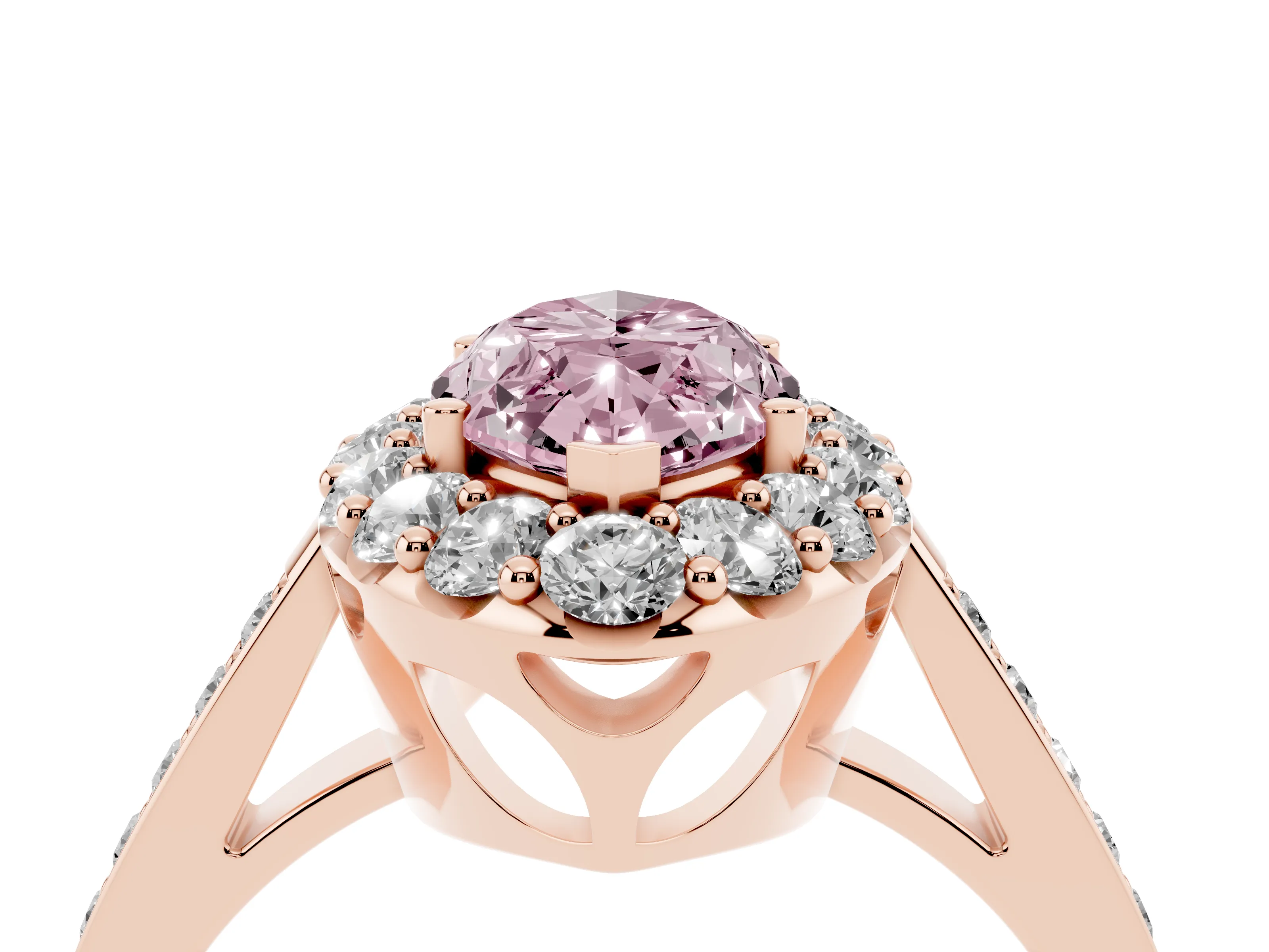 Fancy Pink Marquise Cut Diamond Floral Halo Ring Set in Rose gold with Pavé Band and Prong Setting