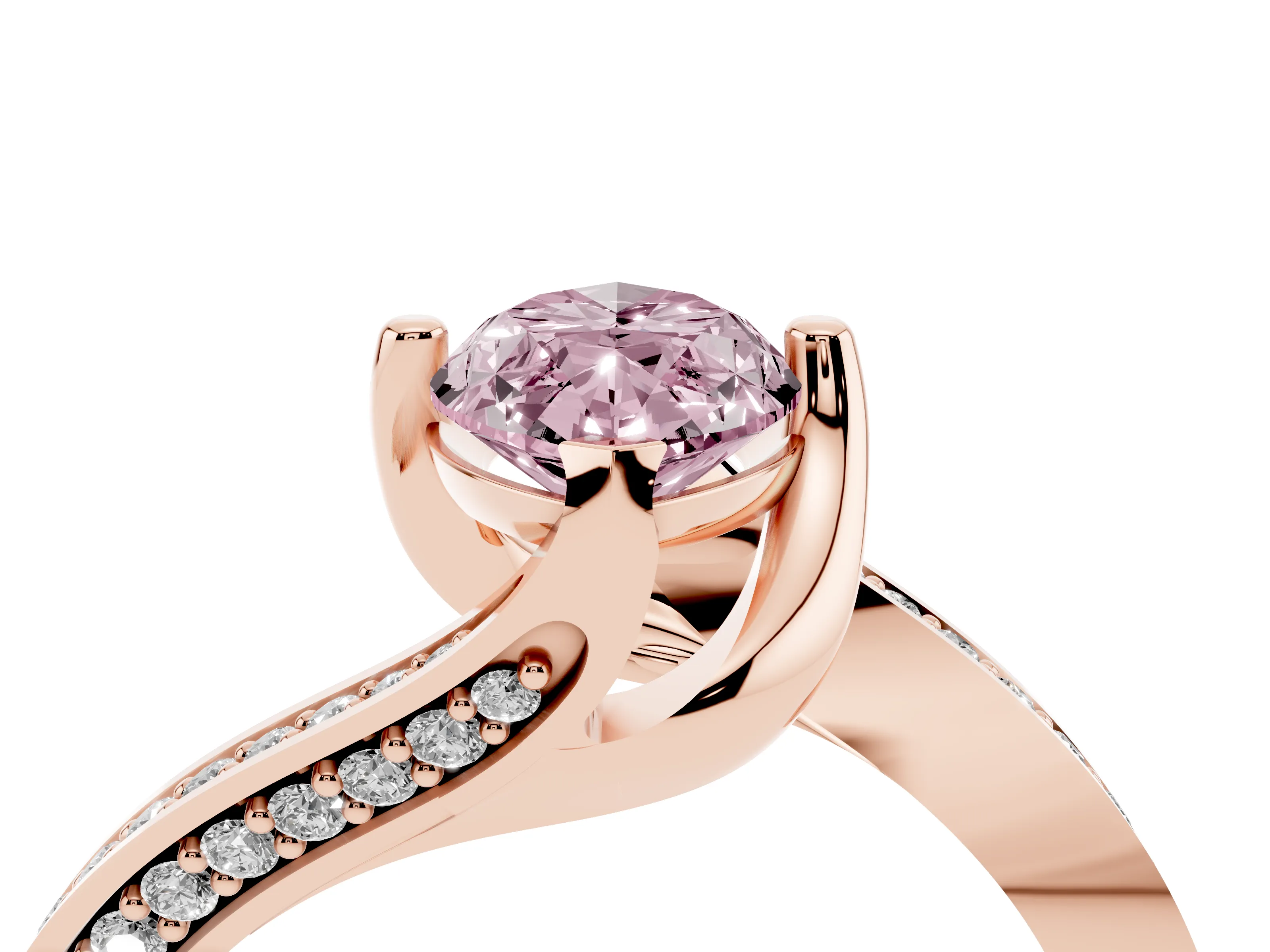 Fancy Pink Marquise Cut Diamond Solitaire Ring Set in Rose gold with Intertwined Pavé Twist Band