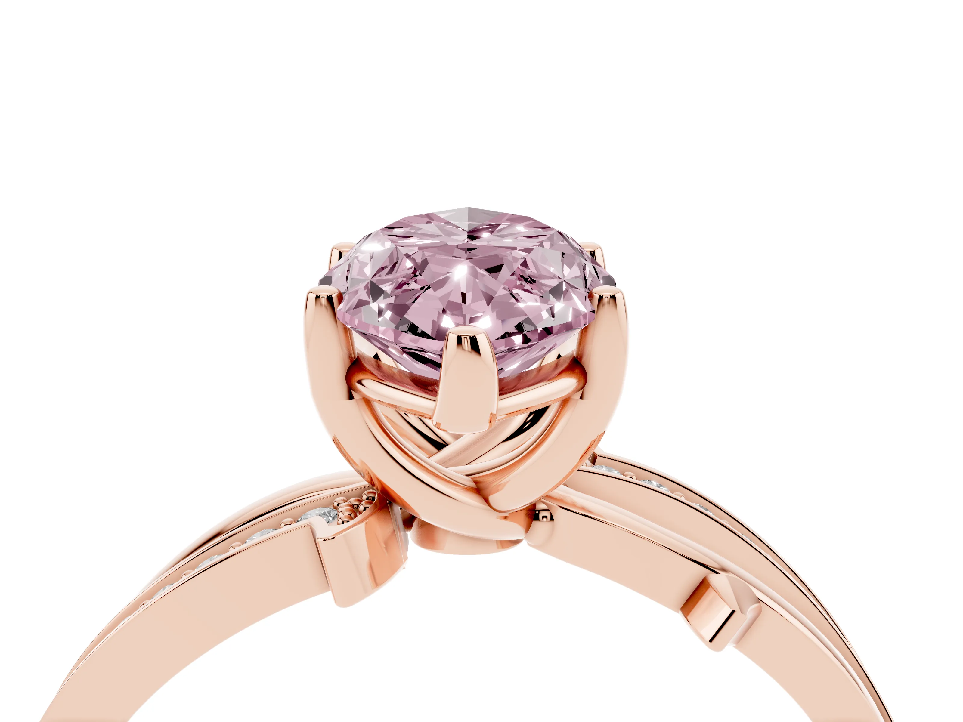 Fancy Pink Marquise Cut Diamond Pavé Twist Band Solitaire Ring Set in Rose gold with Prong Setting