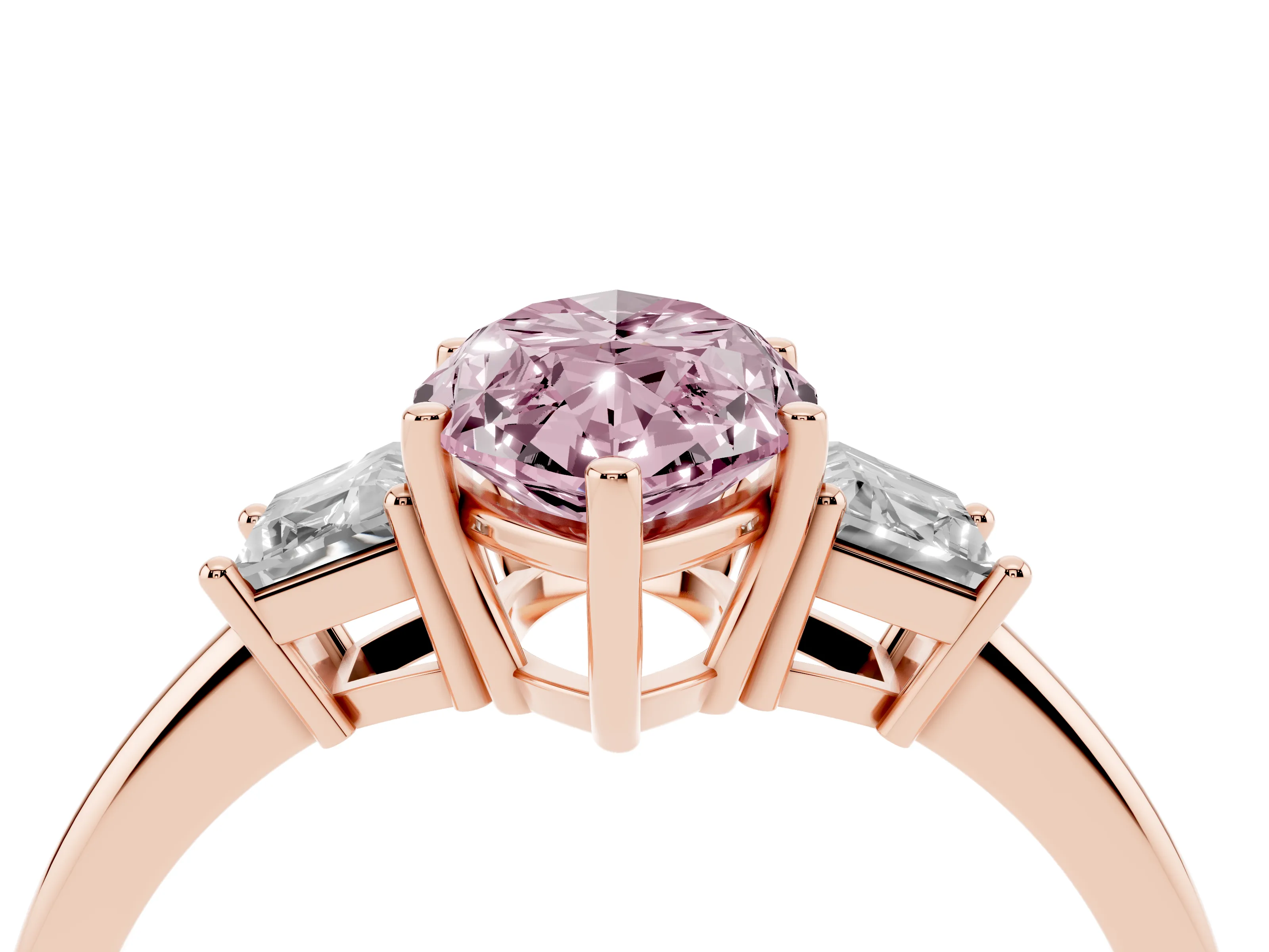 Fancy Pink Marquise Cut Diamond Three-Stone Ring Set in Rose gold with Trapezoid Side Stones and Prong Setting
