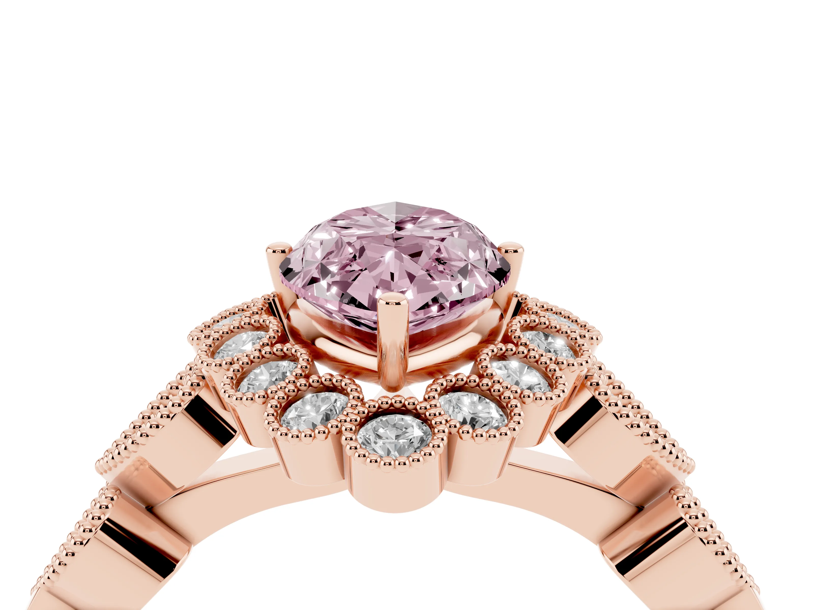 Fancy Pink Marquise Cut Diamond Solitaire Ring Set in Rose gold with Milgrain Pavé Heart Band
