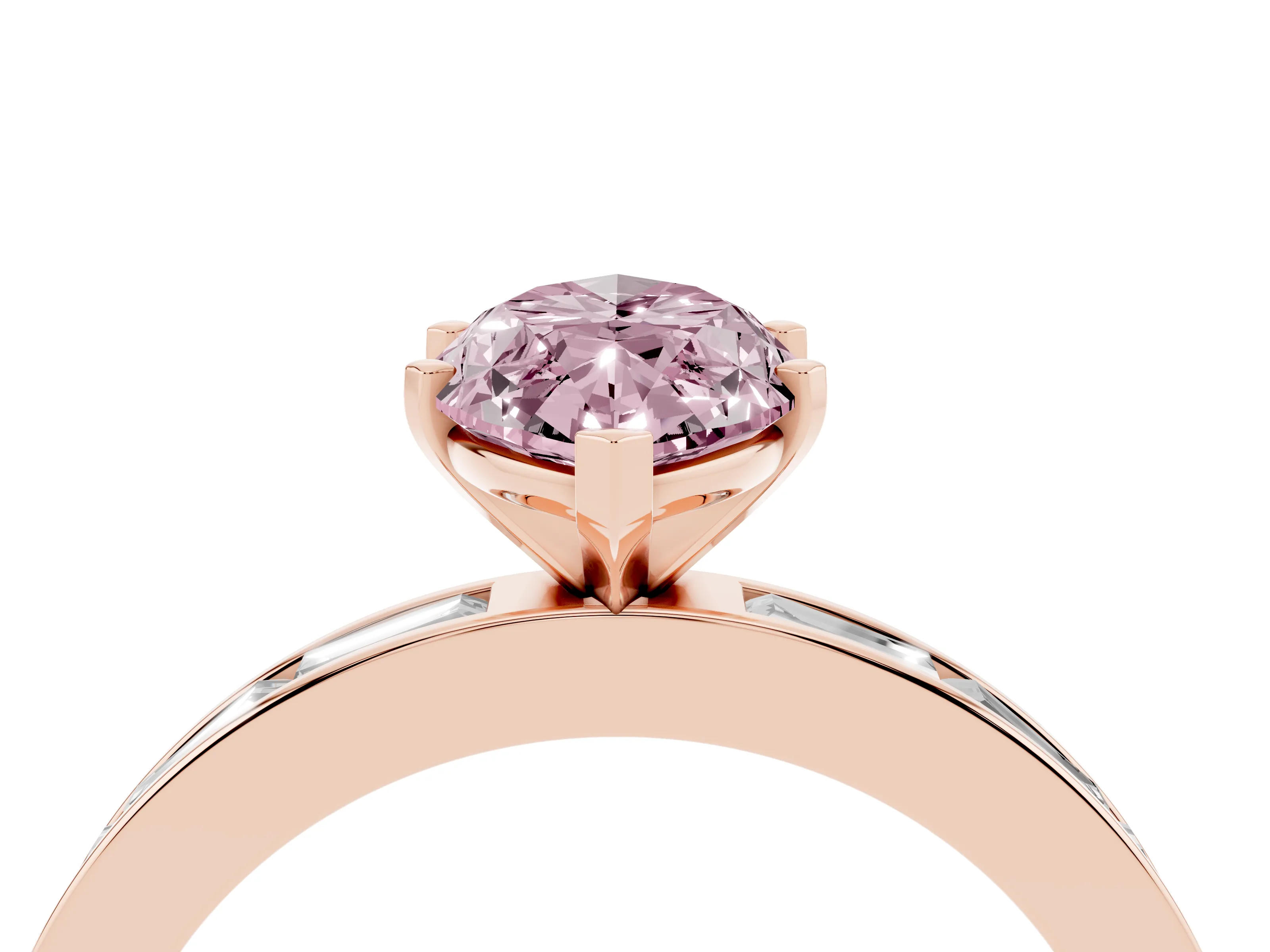 Fancy Pink Marquise Cut Diamond Solitaire Ring Set in Rose gold with Channel-Set Baguette Band and Prong Setting