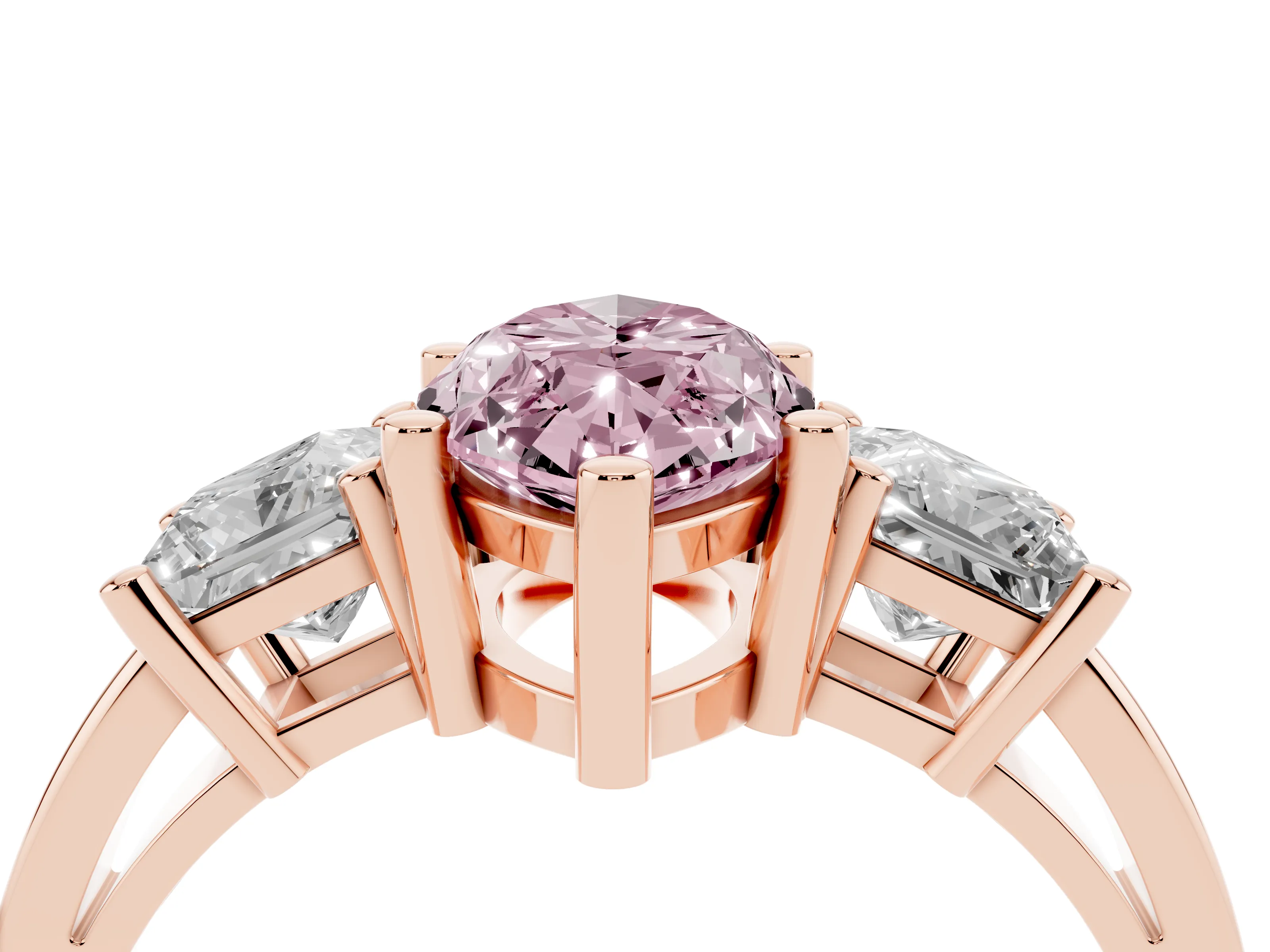 Fancy Pink Three-Stone Marquise Cut Diamond Solitaire Ring Set in Rose gold with Prong Setting