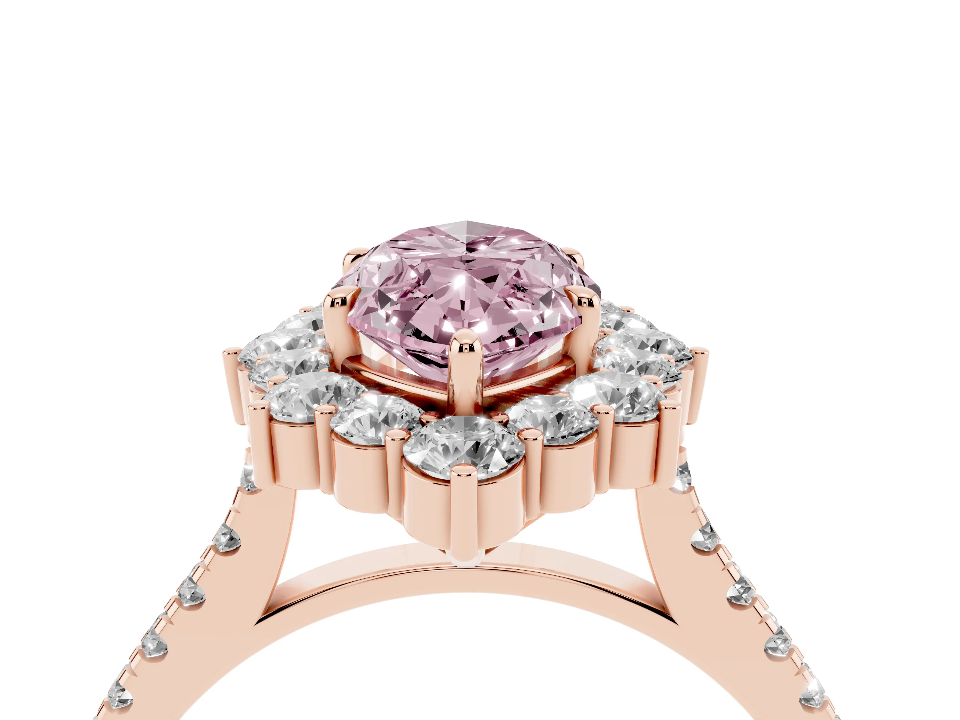 Fancy Pink Marquise Cut Diamond Halo Ring Set in Rose gold with Pavé Band and Prong Setting