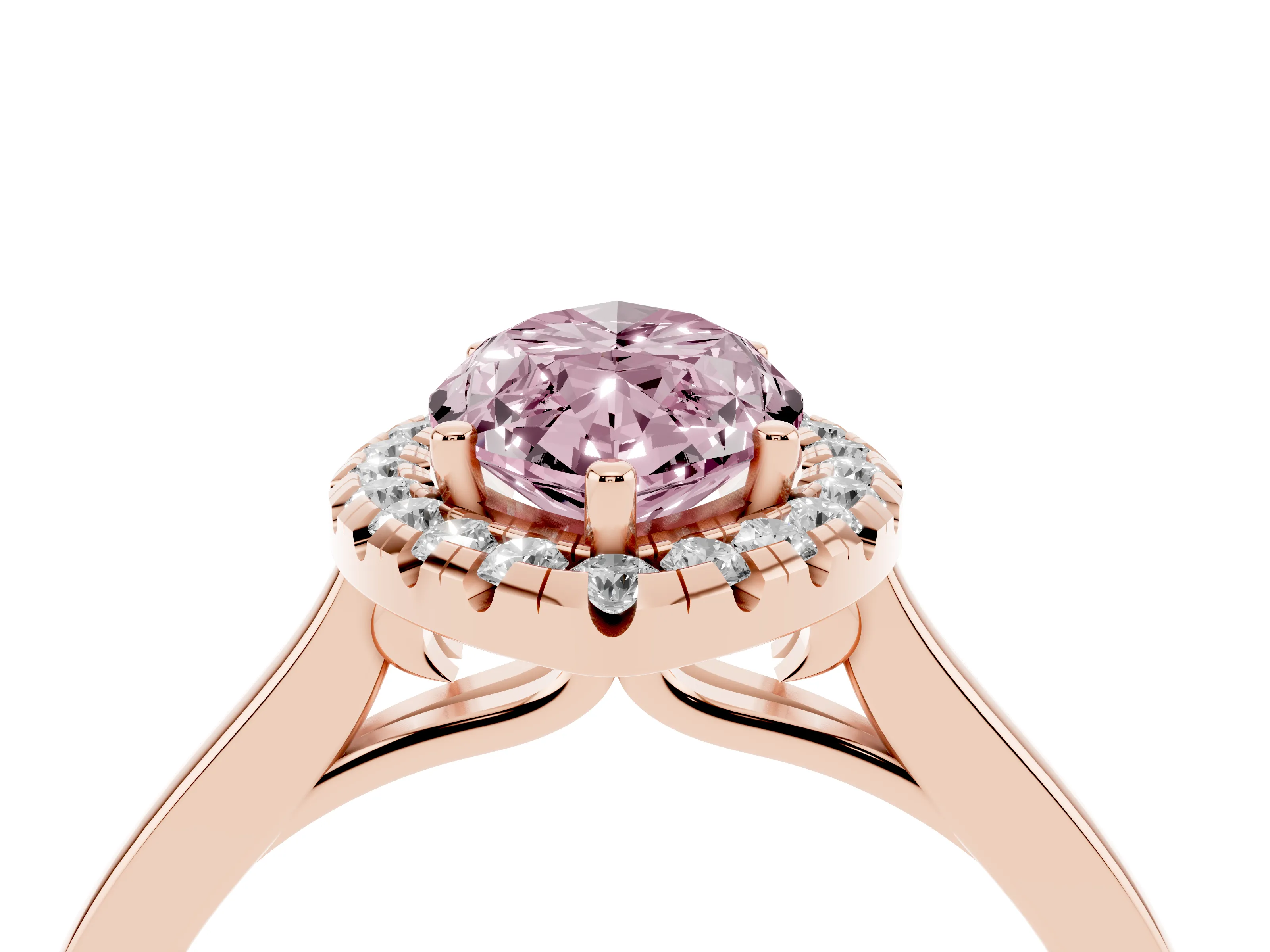 Fancy Pink Marquise Cut Halo Round Diamond Solitaire Ring Set in Rose gold with Pavé Band and Prong Setting