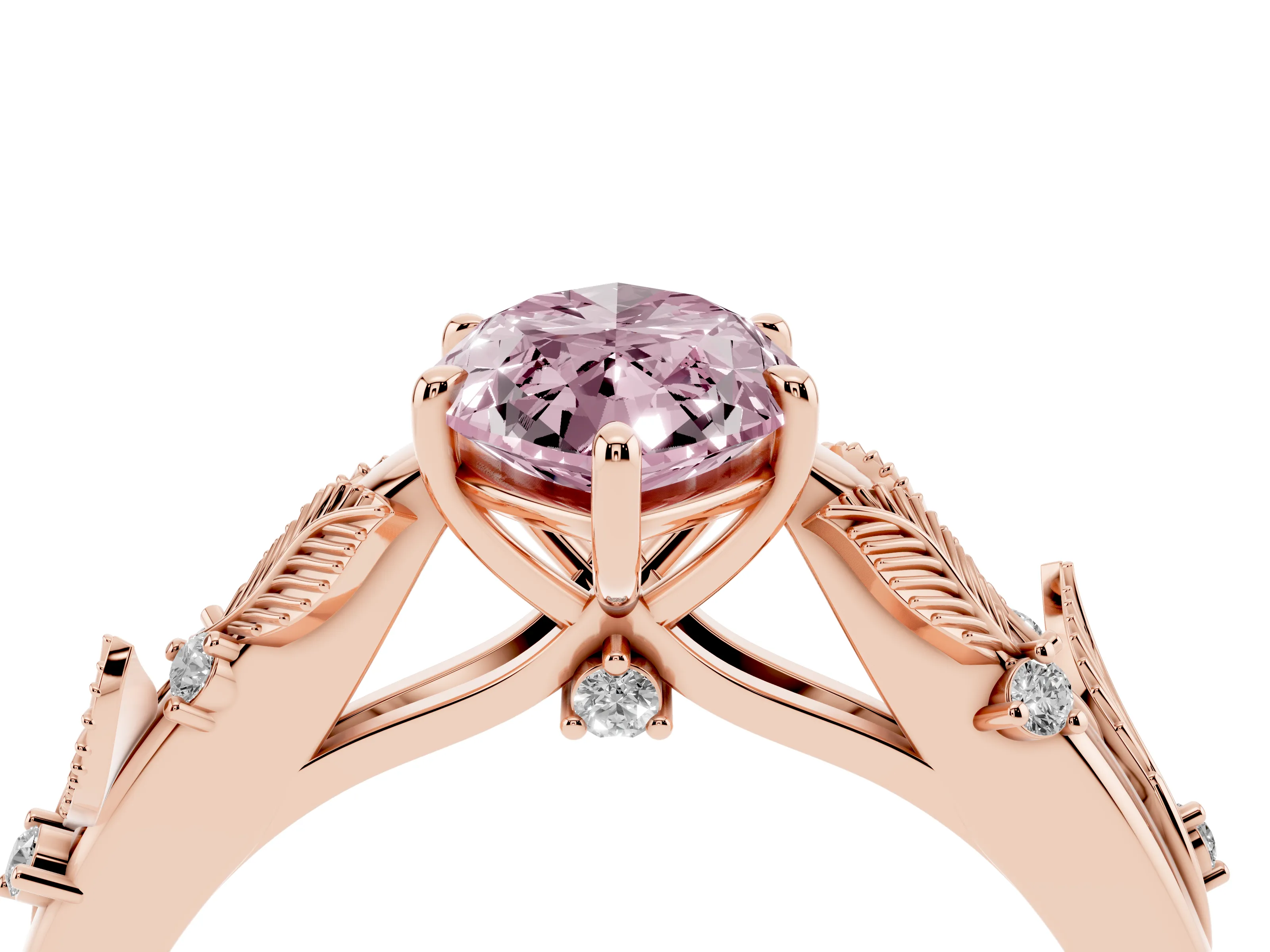 Fancy Pink Marquise Cut Diamond Solitaire Ring Set in Rose gold with Leaf Motif Band