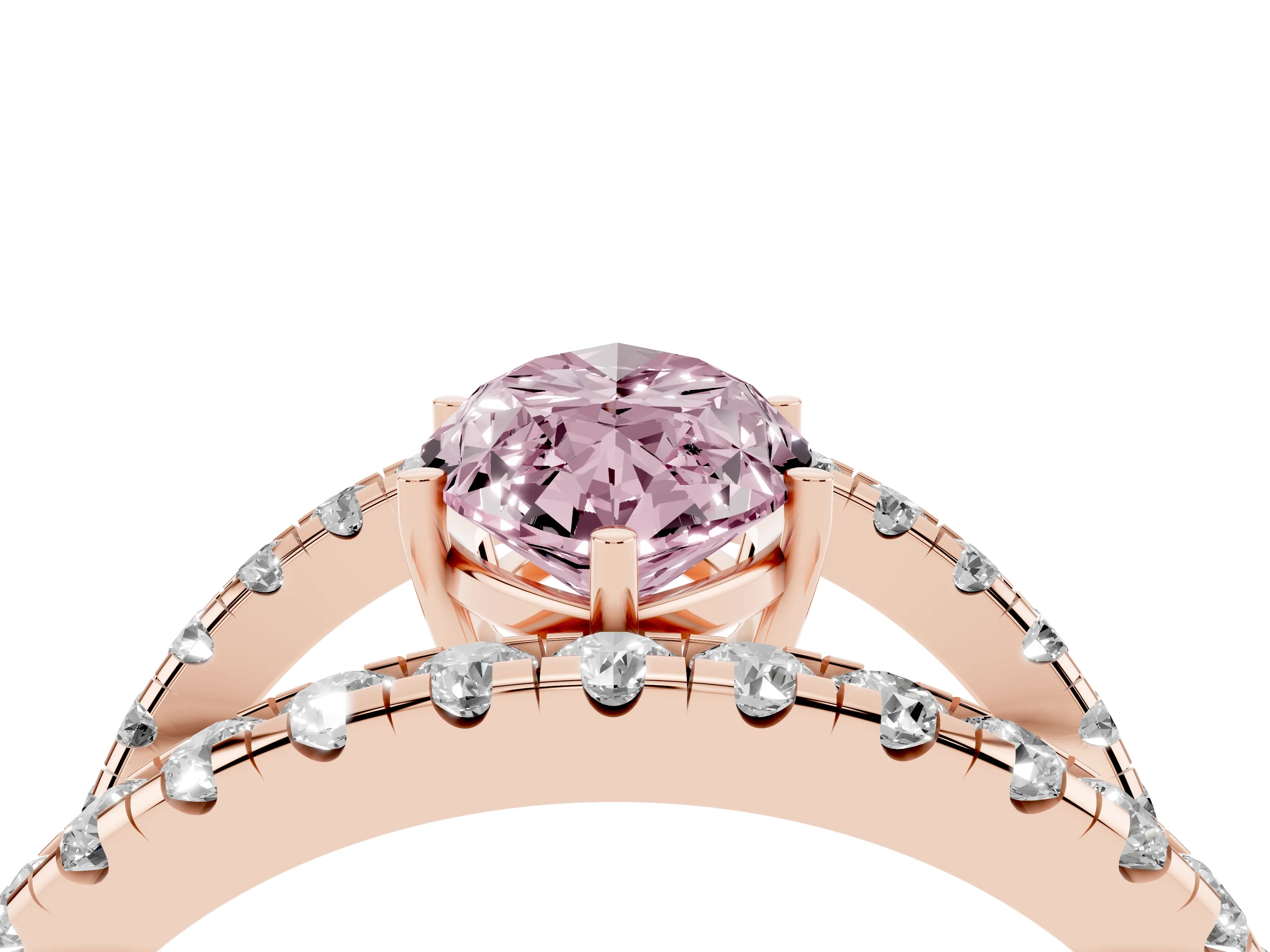 Fancy Pink Marquise Cut Diamond Split Shank Pavé Solitaire Ring Set in Rose gold with Open Shank Design