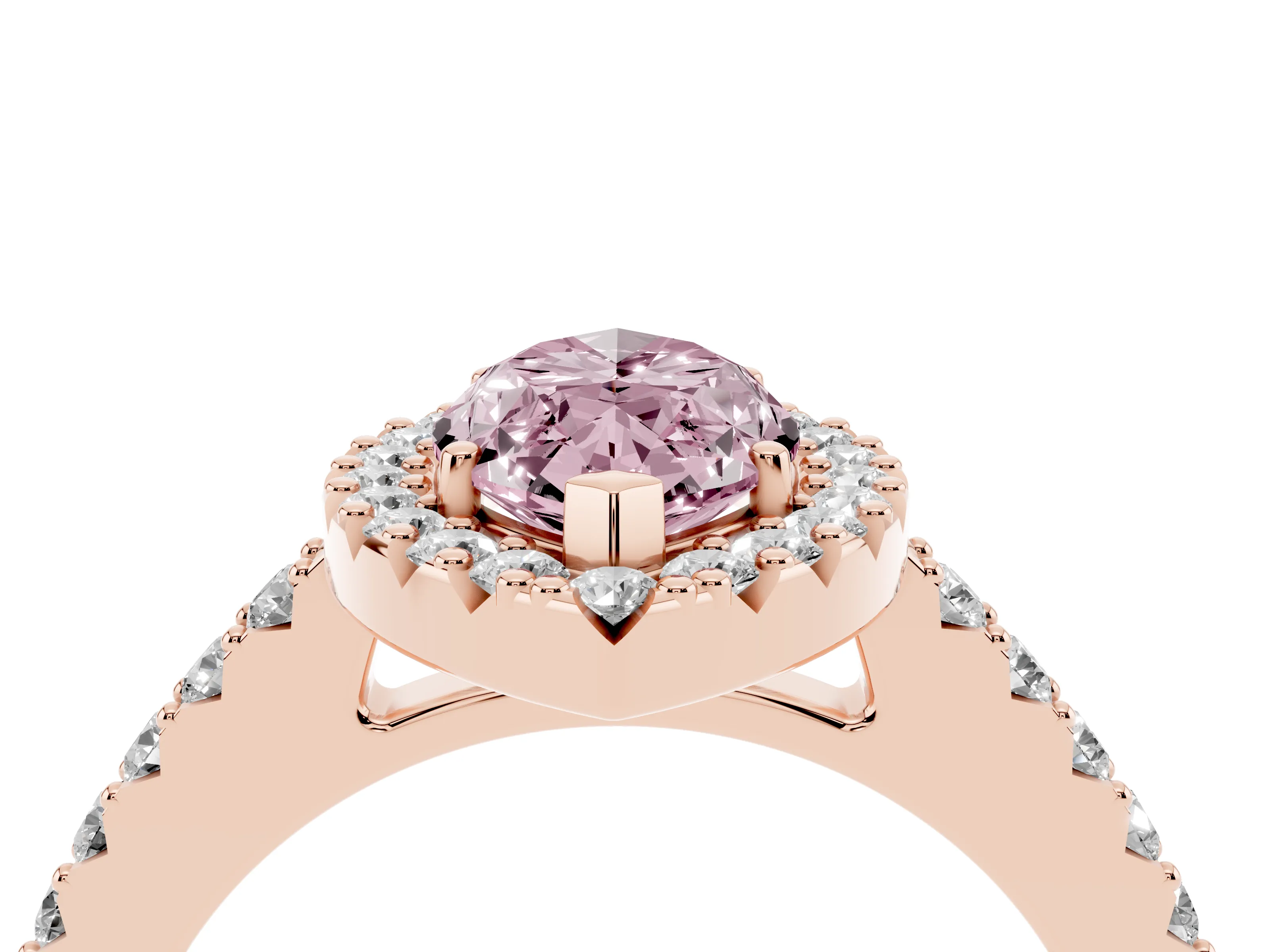 Fancy Pink Marquise Cut Diamond Halo Pavé Solitaire Ring Set in Rose gold with Prong-Set Center Stone