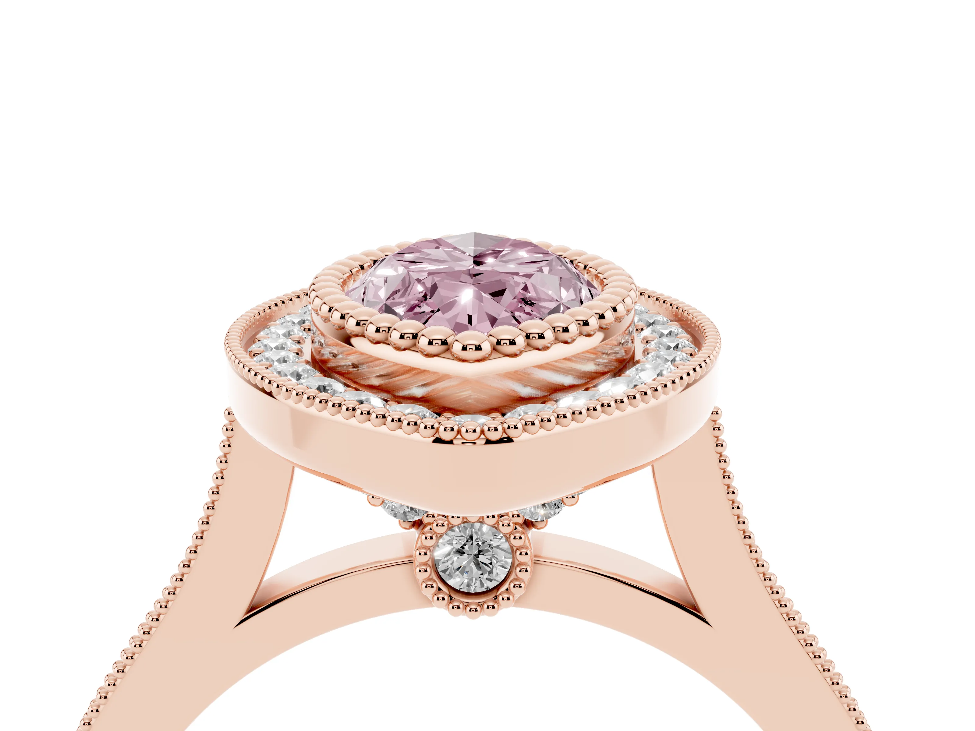 Fancy Pink Marquise Cut Diamond Halo Ring Set in Rose gold with Milgrain Frame and Pavé Band