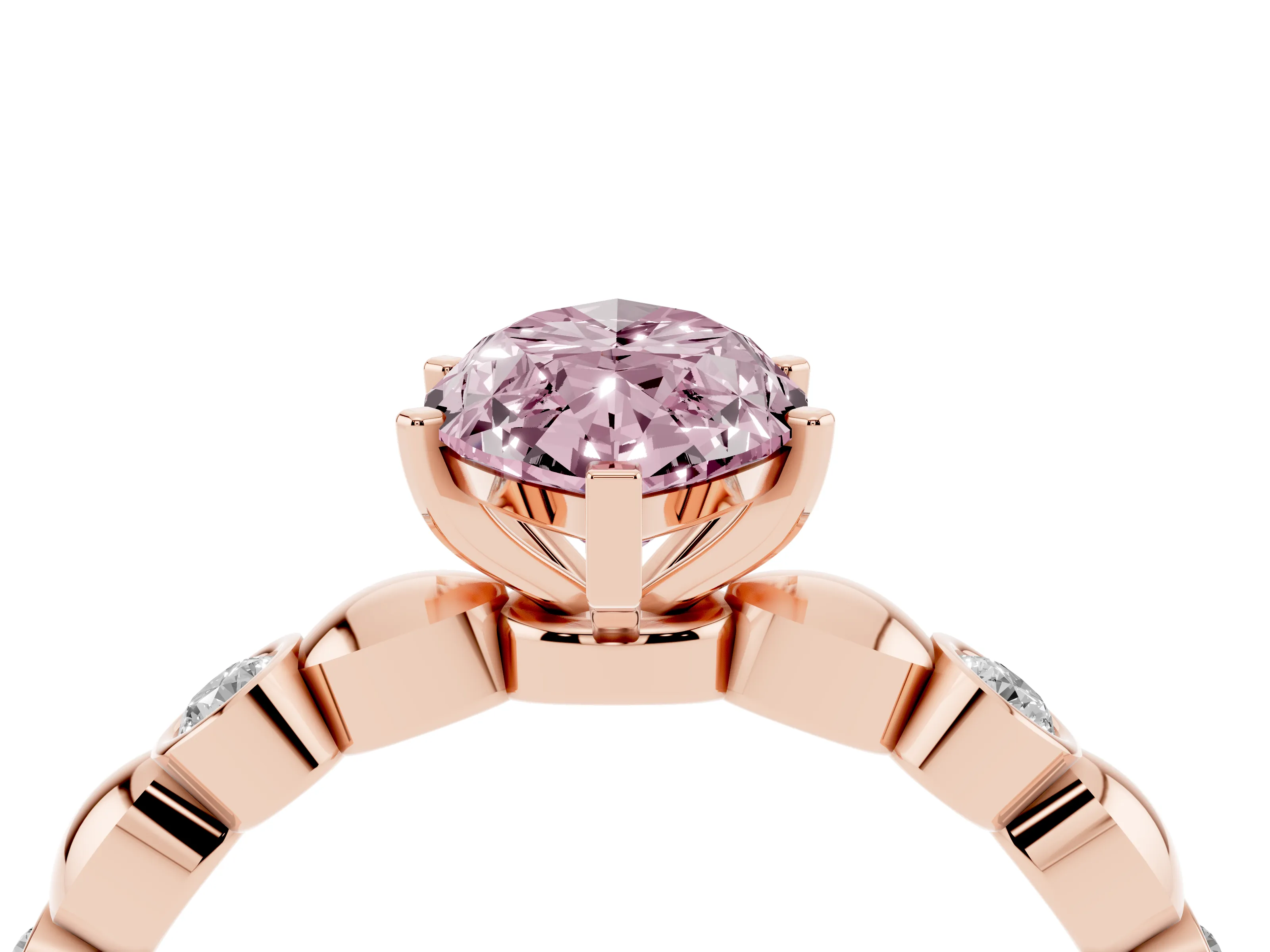 Fancy Pink Marquise Cut Diamond Solitaire Ring Set in Rose gold with Bezel-Set Accents on Beaded Band and Prong Setting