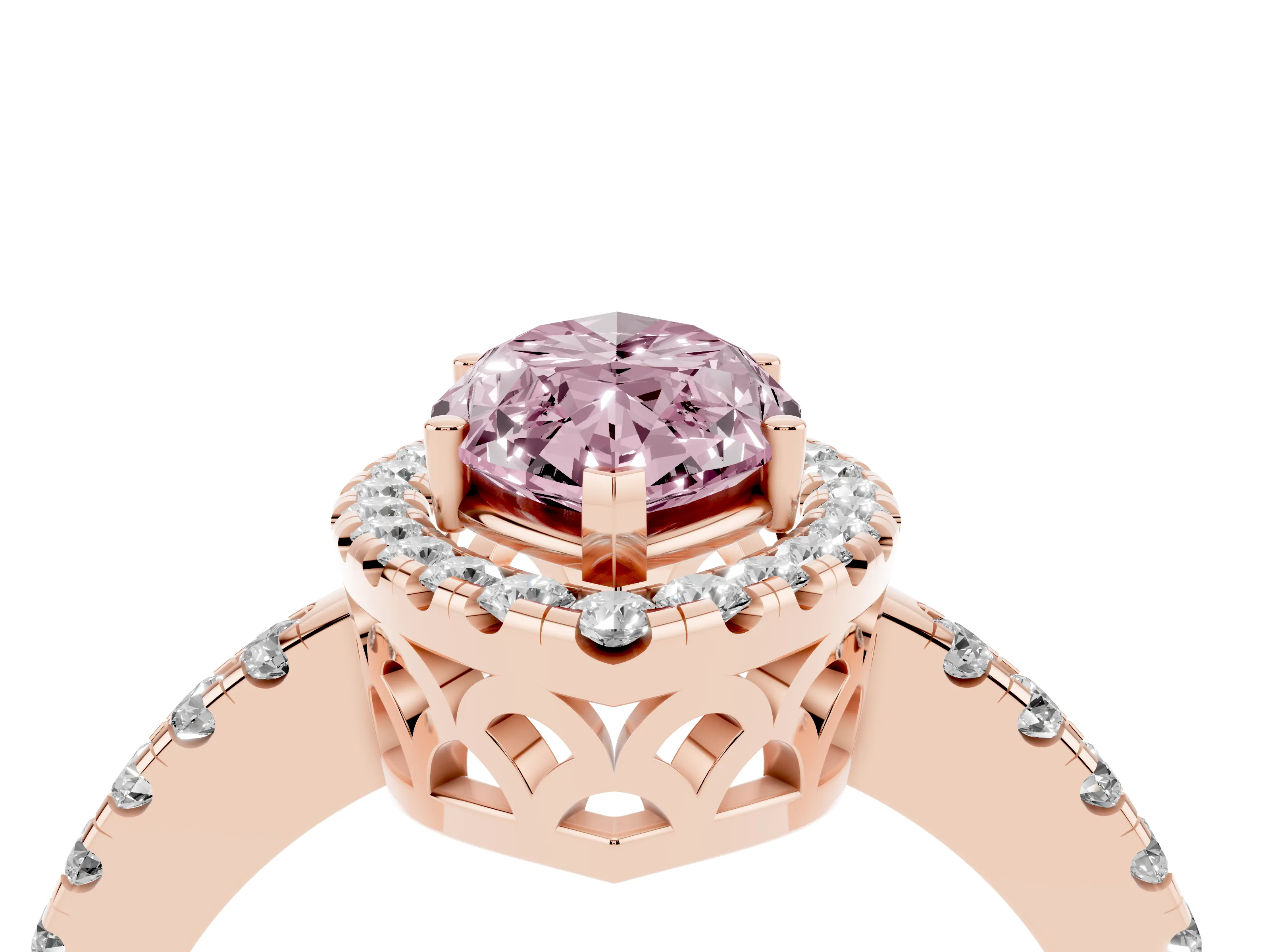 Fancy Pink Marquise Cut Diamond Pavé Band Halo Engagement Ring Set in Rose gold with Prong Setting