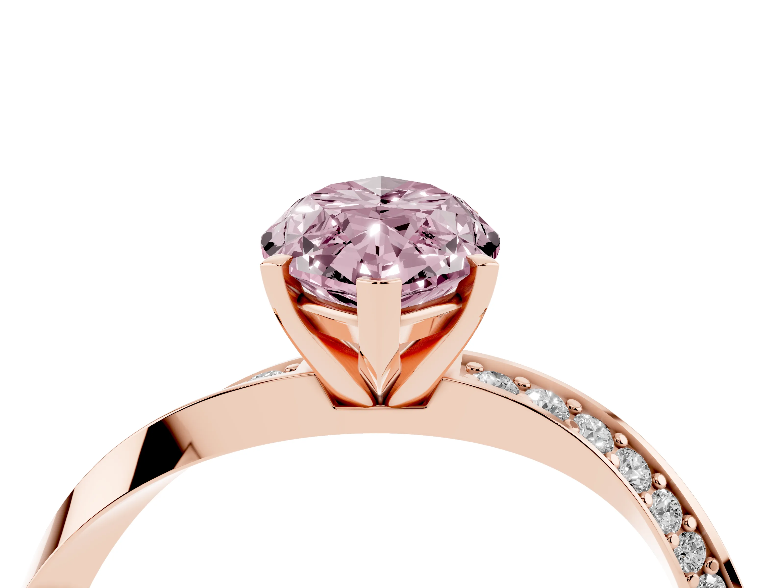 Fancy Pink Marquise Cut Diamond Engagement Ring Set in Rose gold with Side Stone Accents and Prong Setting