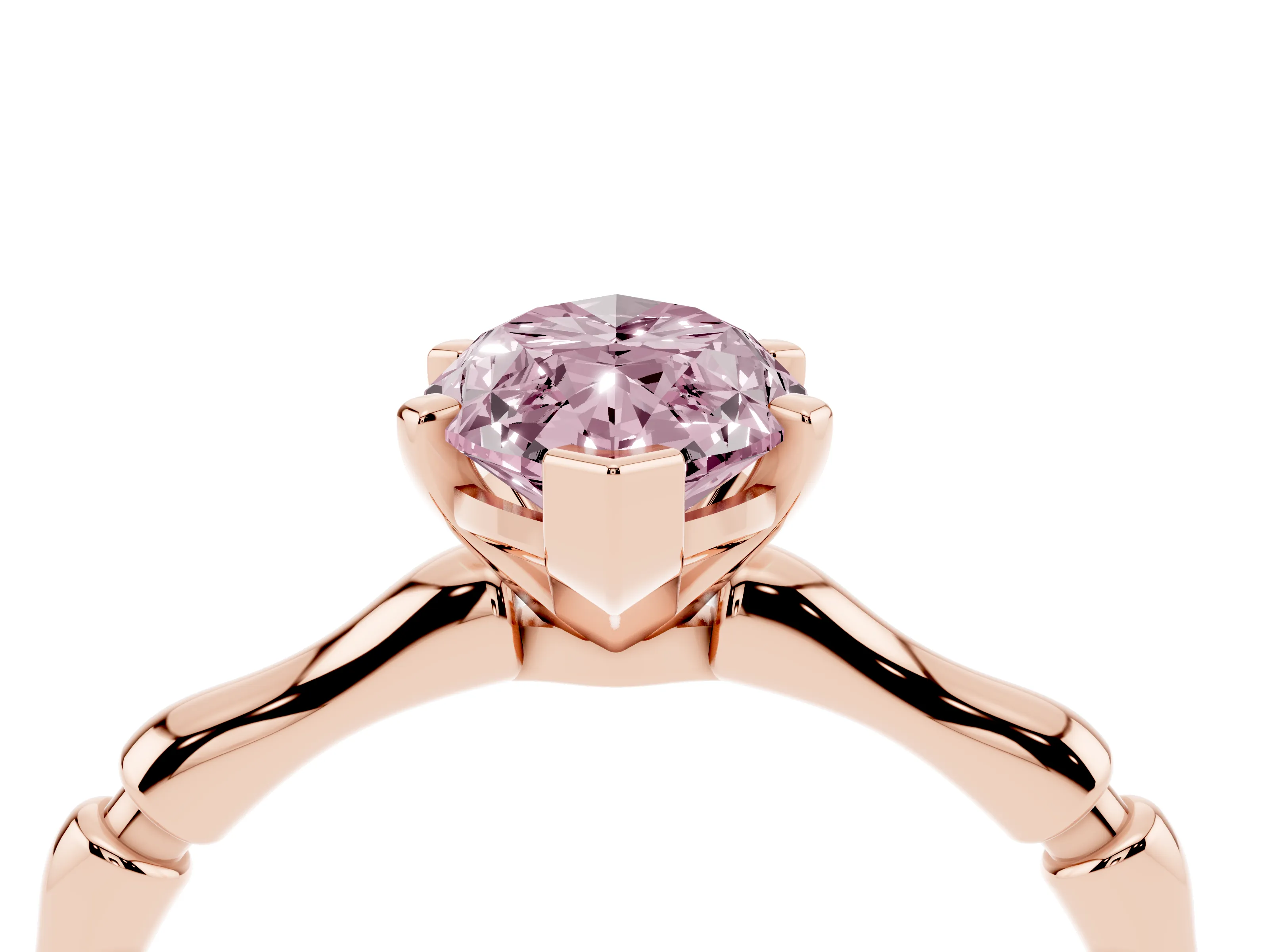 Fancy Pink Marquise Cut Diamond Solitaire Ring Set in Rose gold with Bamboo Band and Prong Setting