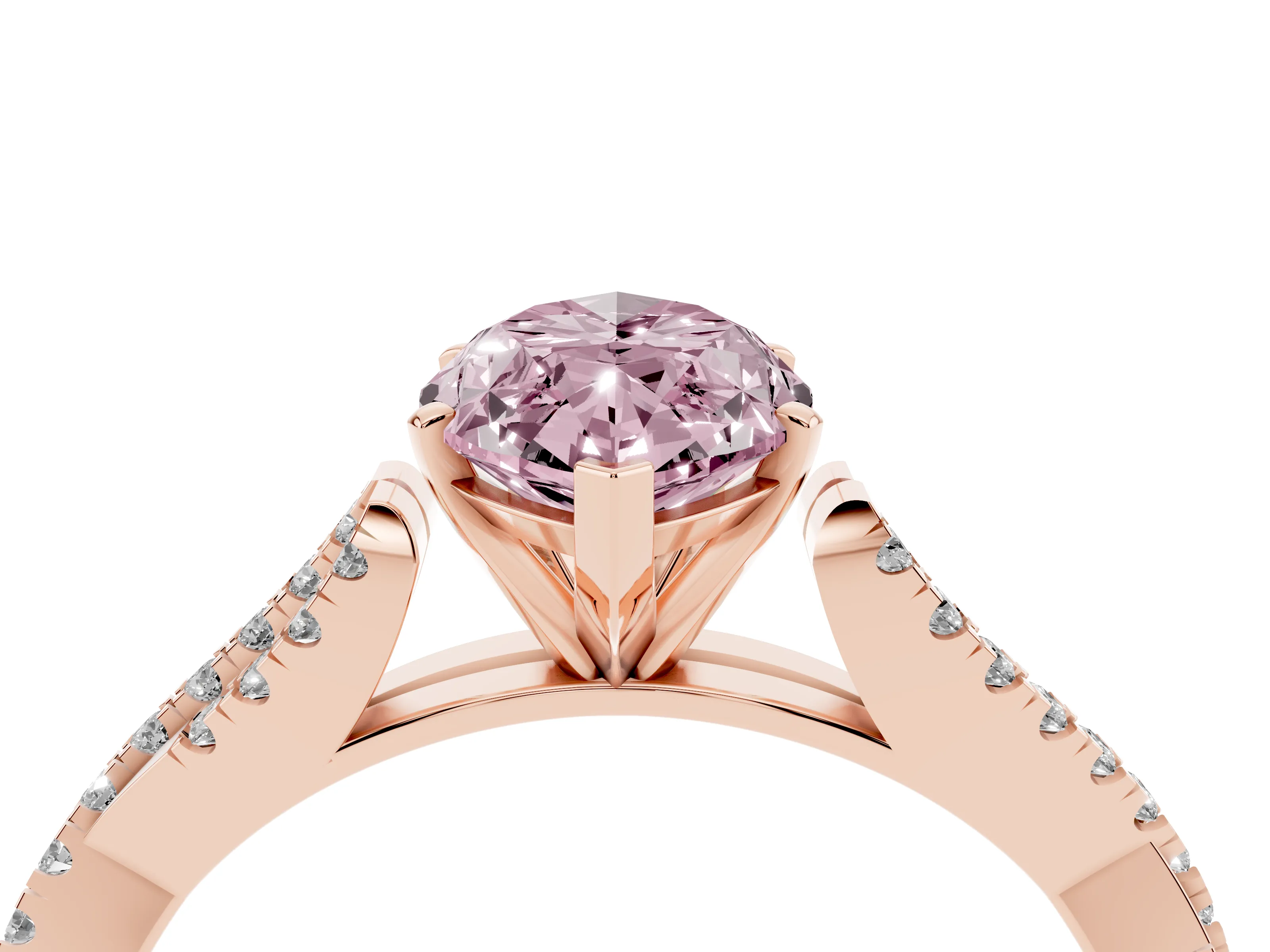 Fancy Pink Marquise Cut Diamond Solitaire Engagement Ring Set in Rose gold with Twisted Pavé Band and Prong Setting