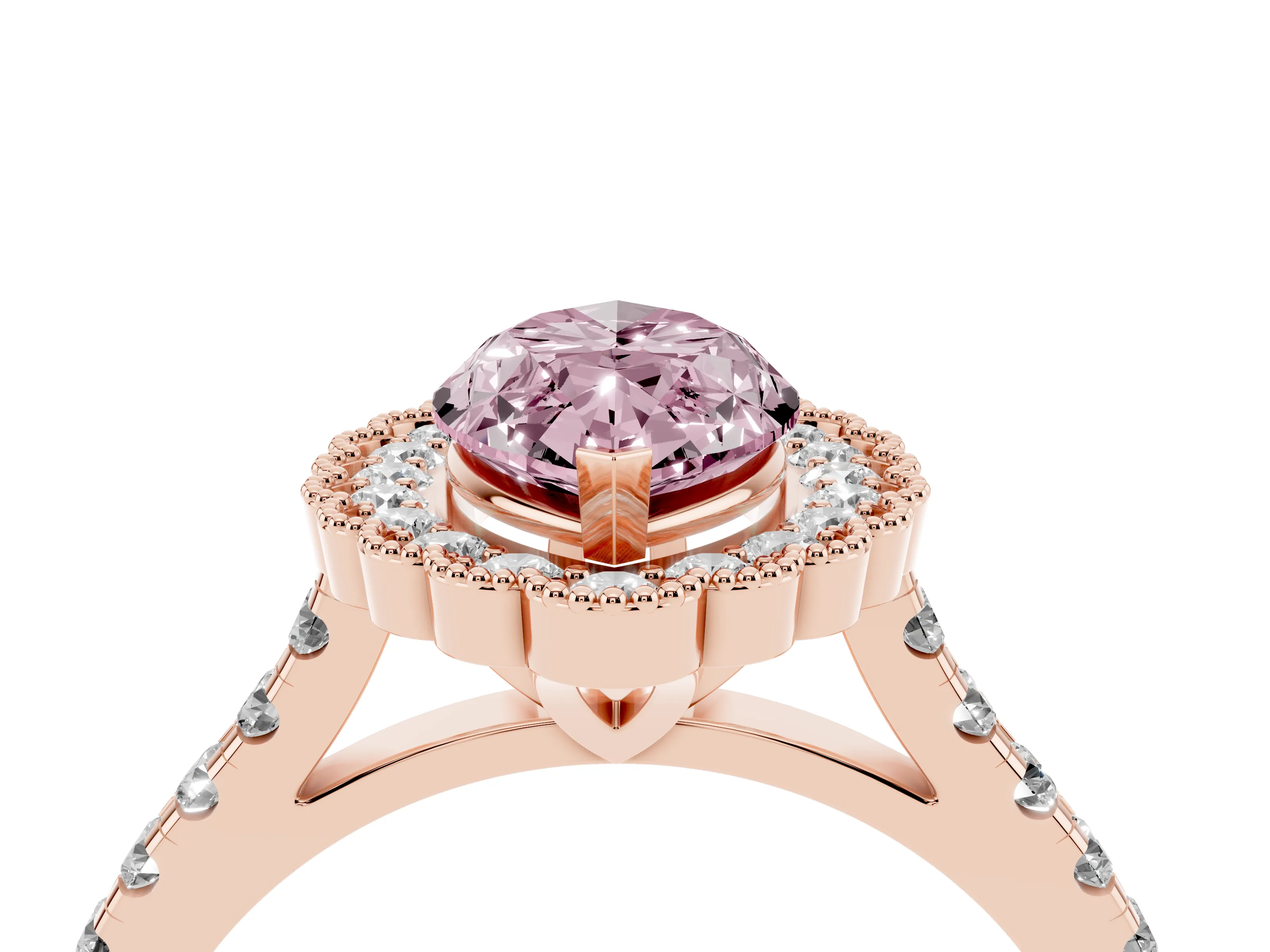 Fancy Pink Marquise Cut Diamond Milgrain Floral Halo Engagement Ring Set in Rose gold with Pavé Band