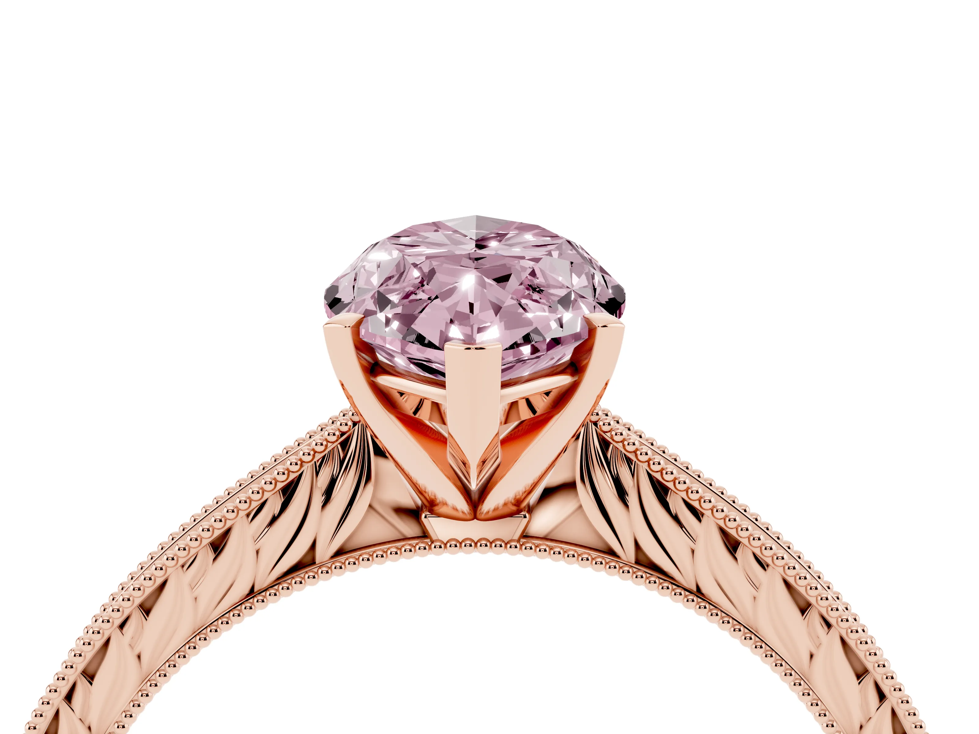 Fancy Pink Marquise Cut Diamond Solitaire Milgrain Engraved Band Set in Rose gold with Prong Setting
