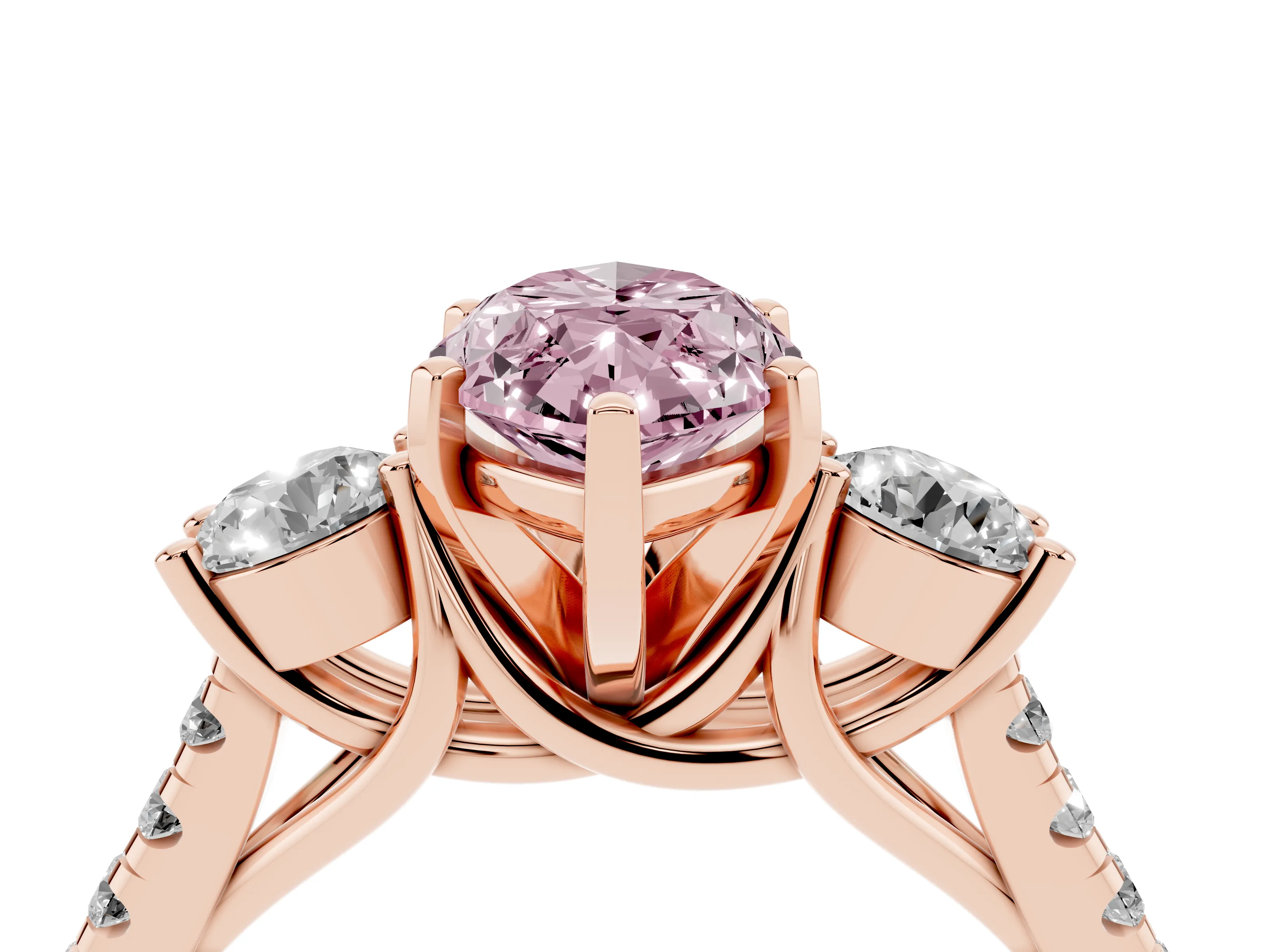 Fancy Pink Three-Stone Marquise Cut Diamond Pavé Band Ring Set in Rose gold with Prong-Set Trio