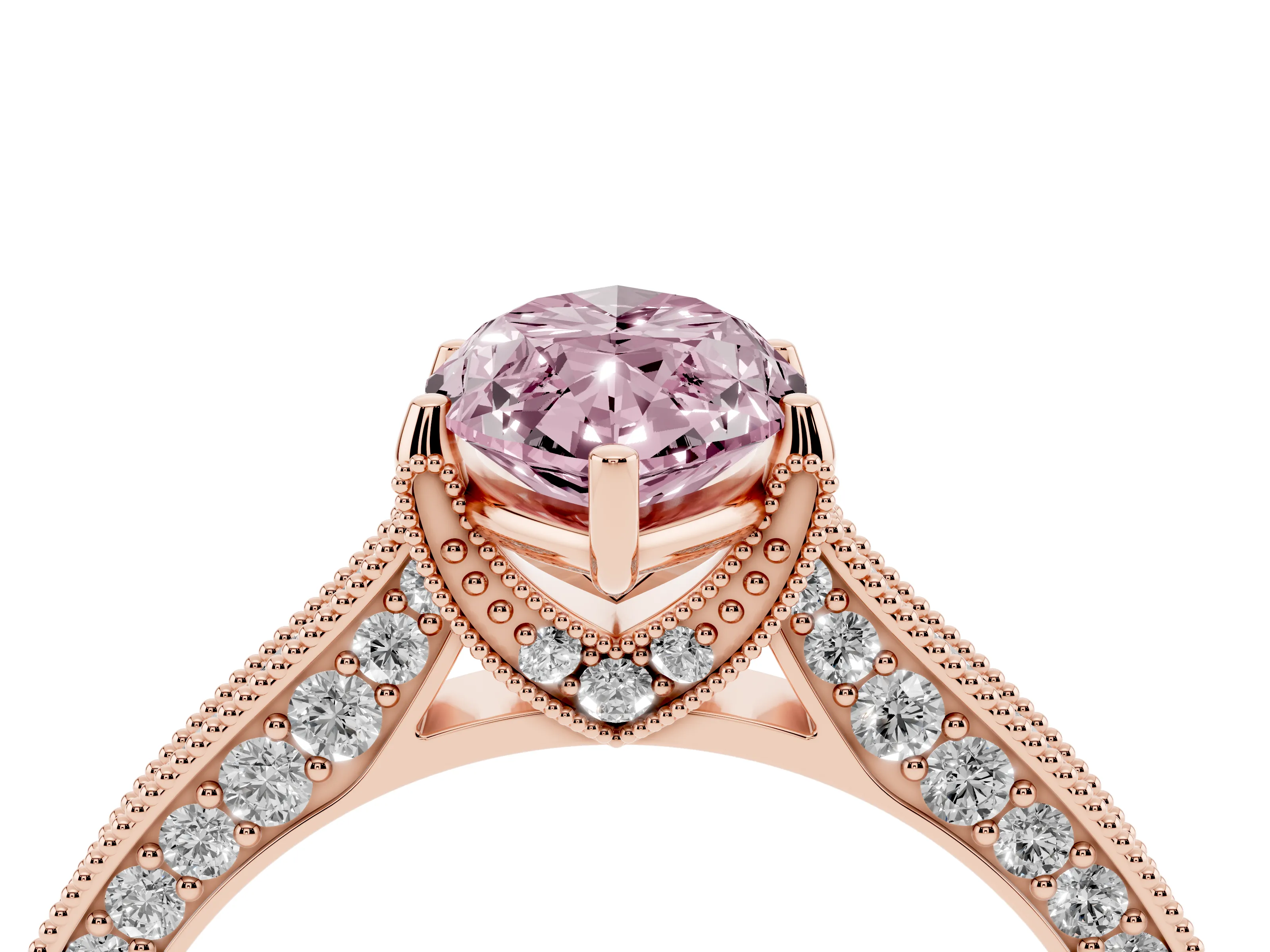 Fancy Pink Marquise Cut Diamond Solitaire Ring Set in Rose gold with Milgrain-Edged Pavé Band and Prong Setting