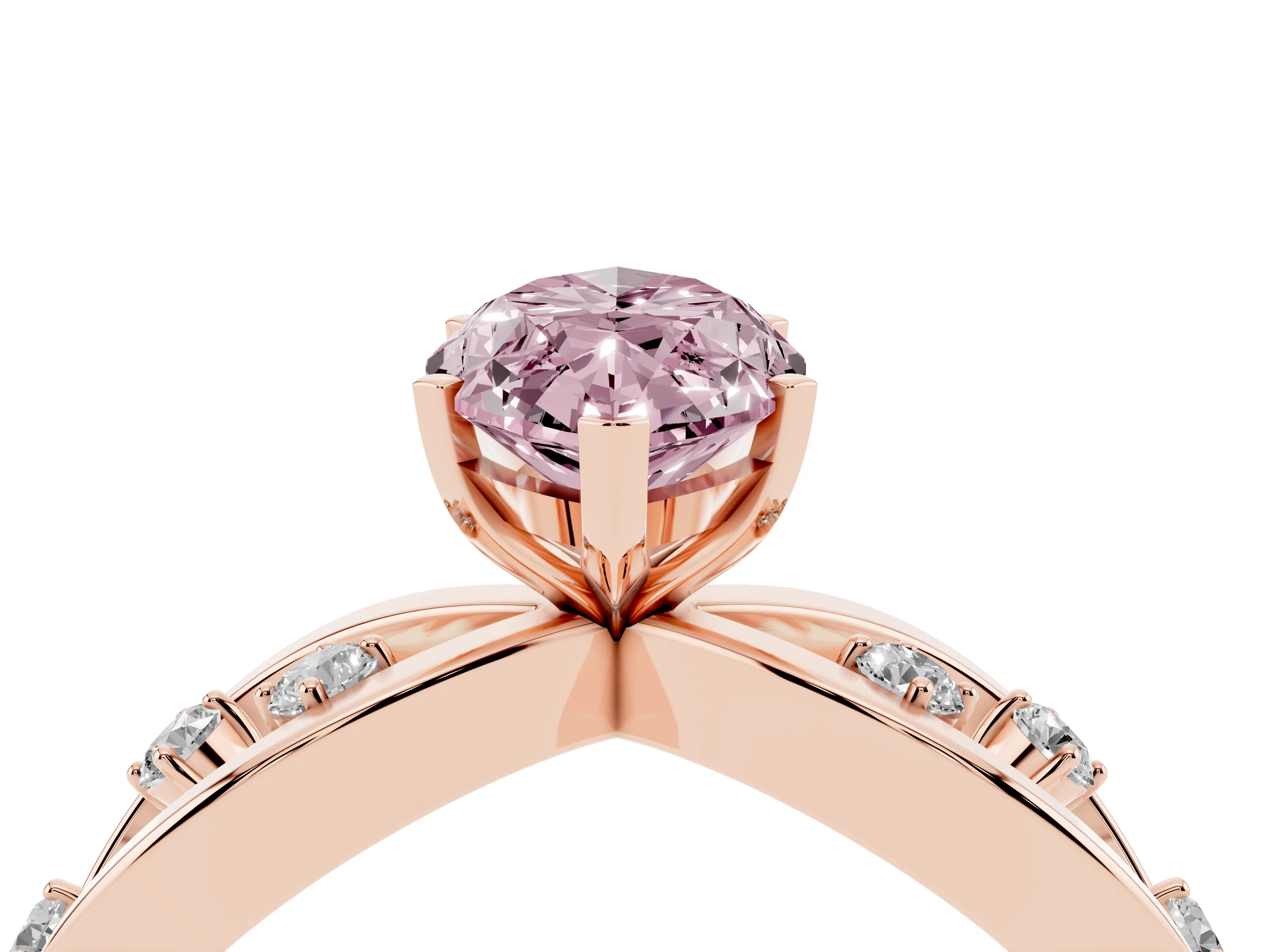 Fancy Pink Marquise Cut Diamond Solitaire Ring Set in Rose gold with Side Stones on Criss-Cross Band and Prong Setting
