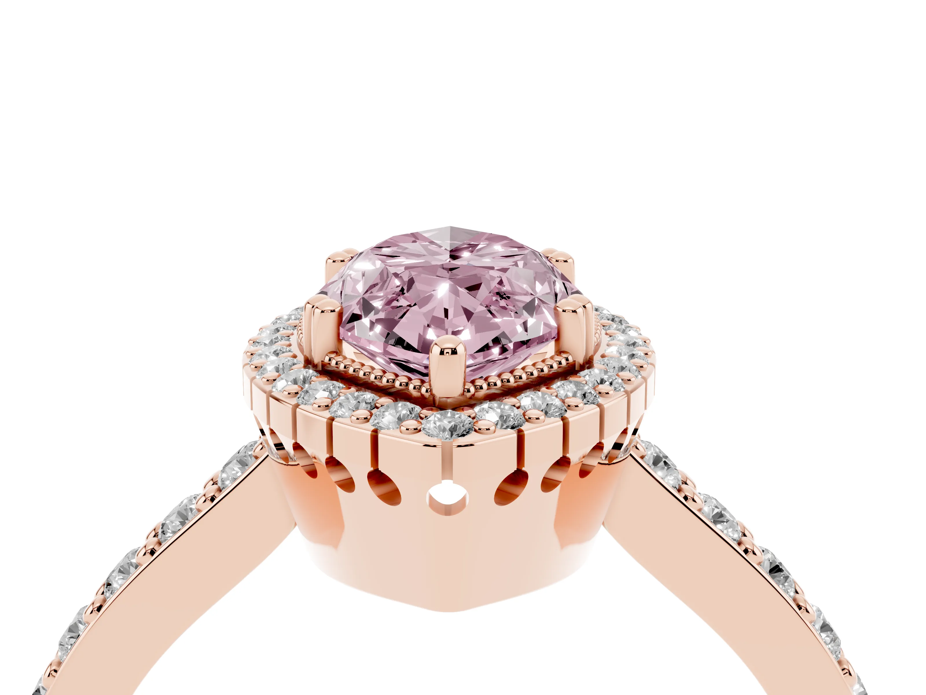 Fancy Pink Marquise Cut Diamond Halo Engagement Ring Set in Rose gold with Milgrain Detail and Pavé Band