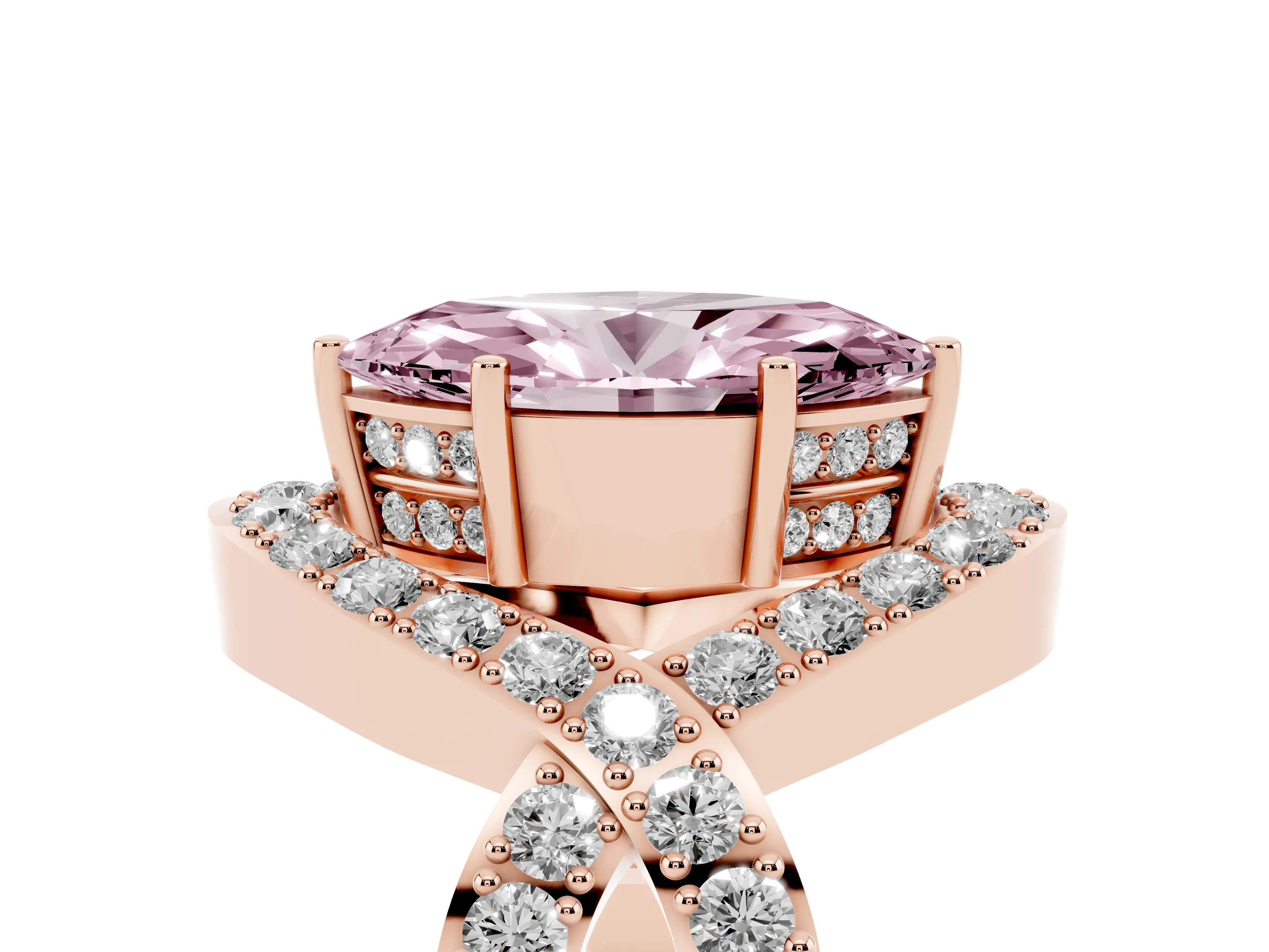 Fancy Pink Marquise Cut Diamond Solitaire Twist Band Pavé Engagement Ring Set in Rose gold