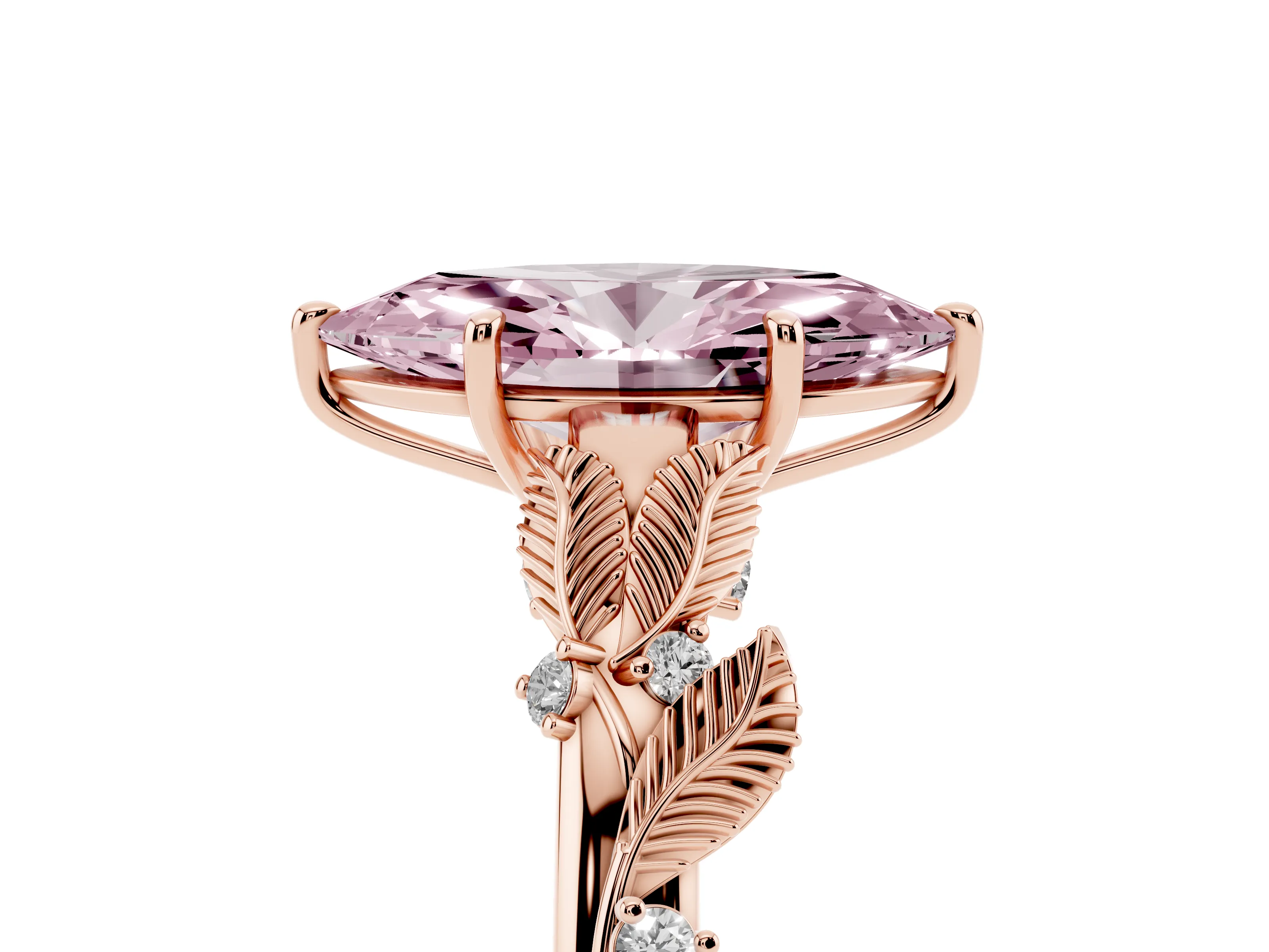 Fancy Pink Marquise Cut Diamond Solitaire Ring Set in Rose gold with Leaf Motif Band
