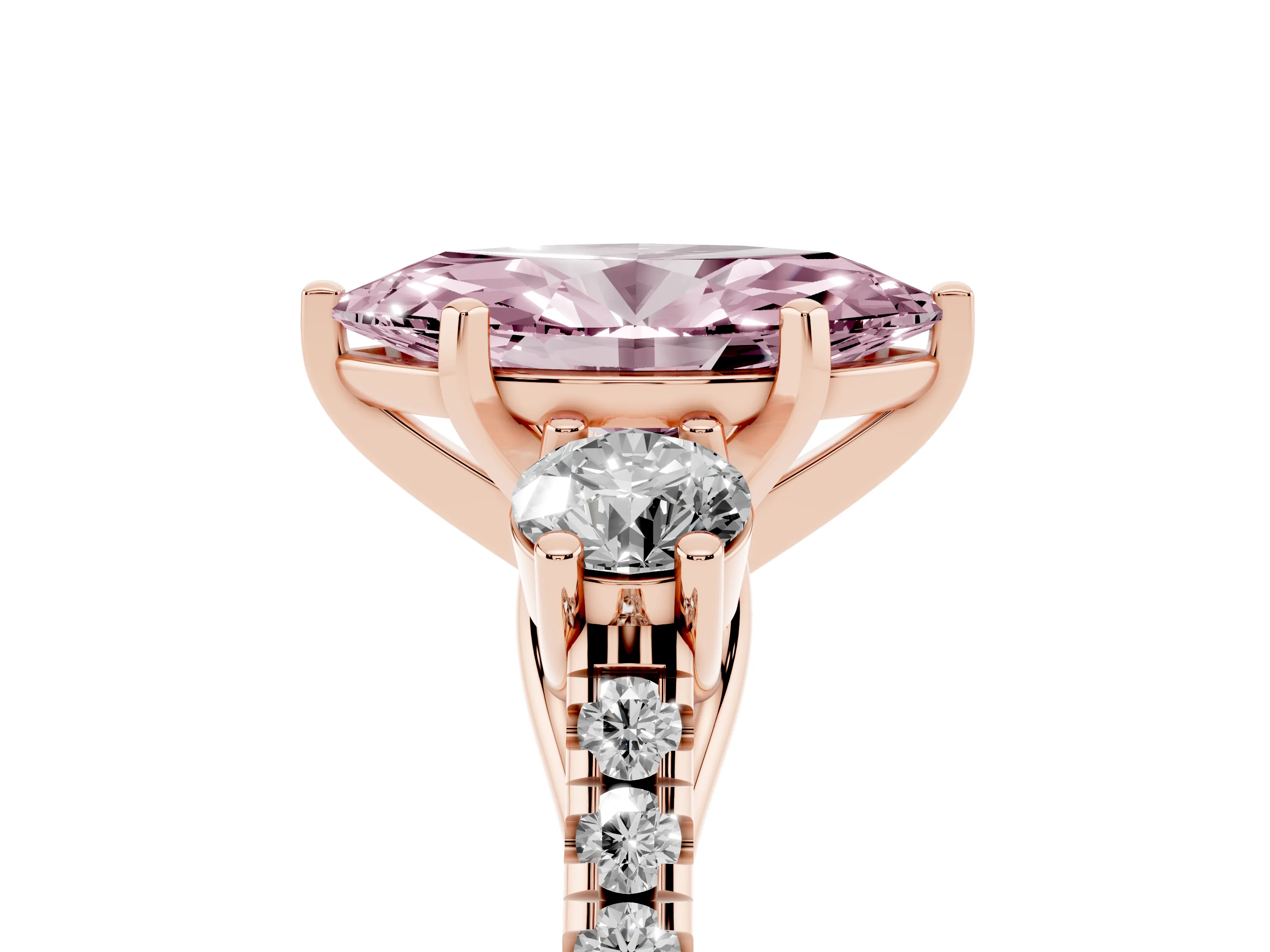 Fancy Pink Three-Stone Marquise Cut Diamond Pavé Band Ring Set in Rose gold with Prong-Set Trio