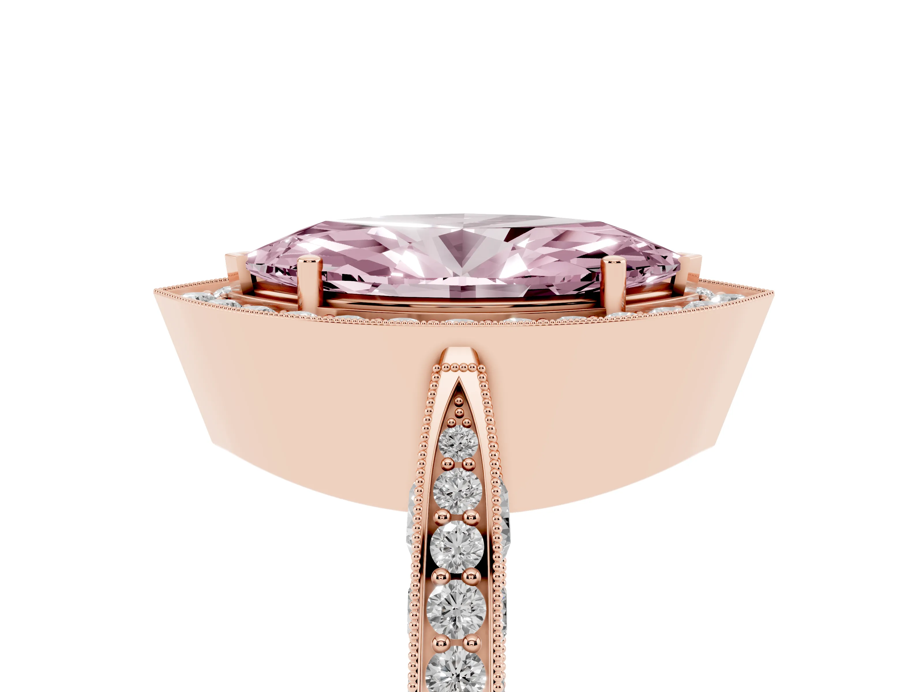 Fancy Pink Marquise Cut Diamond Halo Engagement Ring Set in Rose gold with Accent Split Shank Band