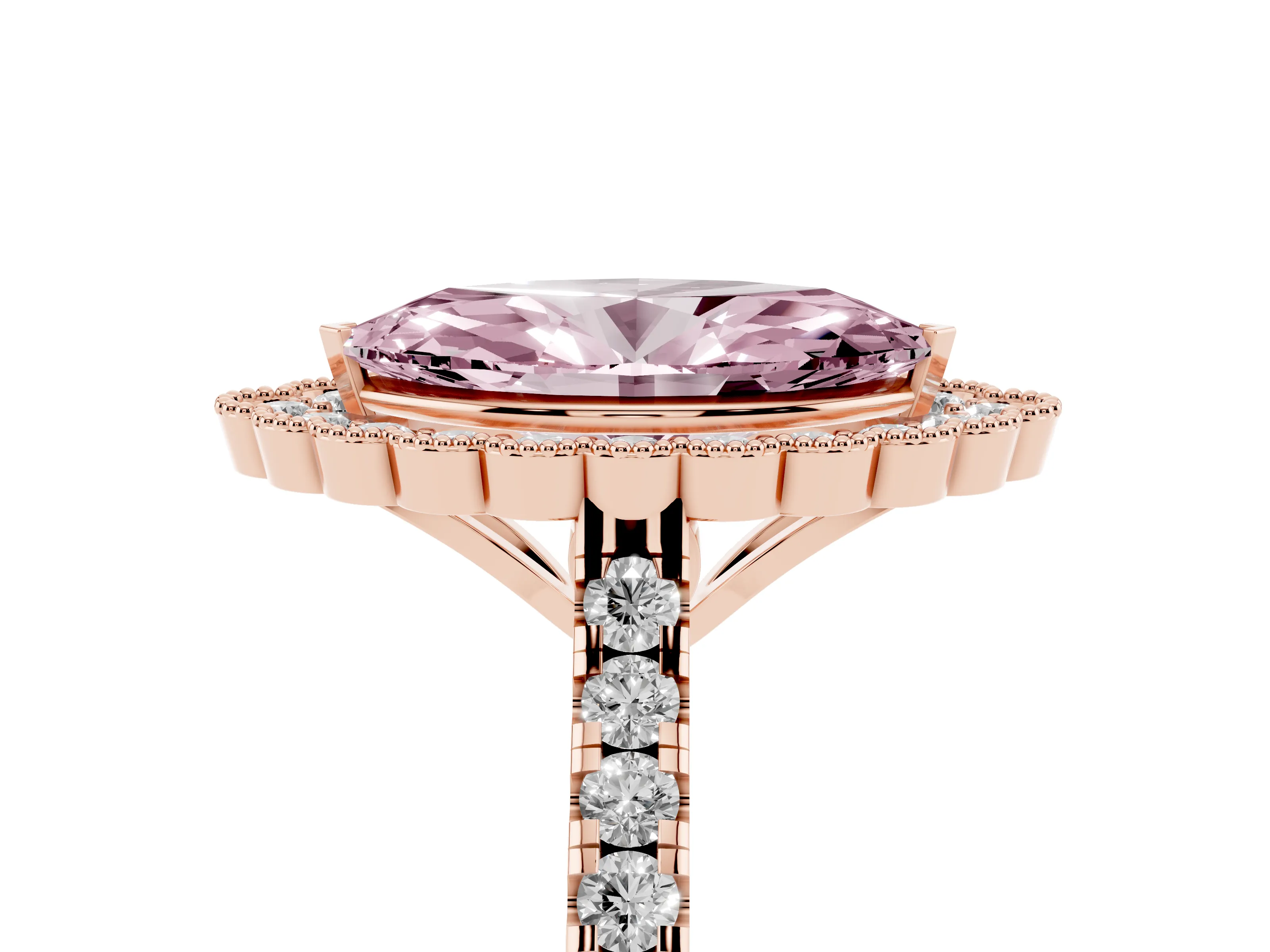Fancy Pink Marquise Cut Diamond Milgrain Floral Halo Engagement Ring Set in Rose gold with Pavé Band